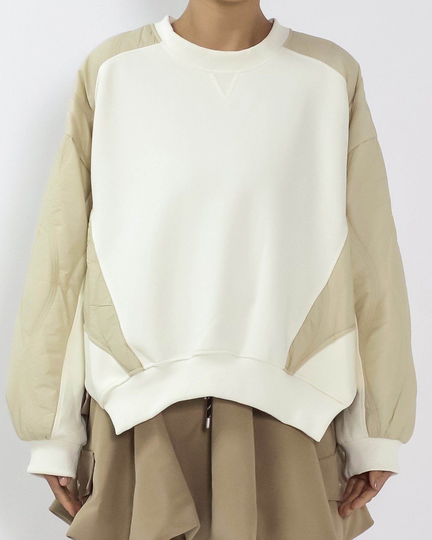 ivory w/ beige quilted asymmetric fleece sweatshirt *pre-order*