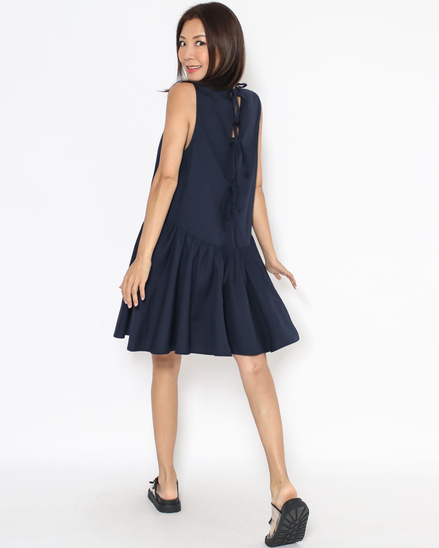 navy tie-up back tech flare dress *pre-order*