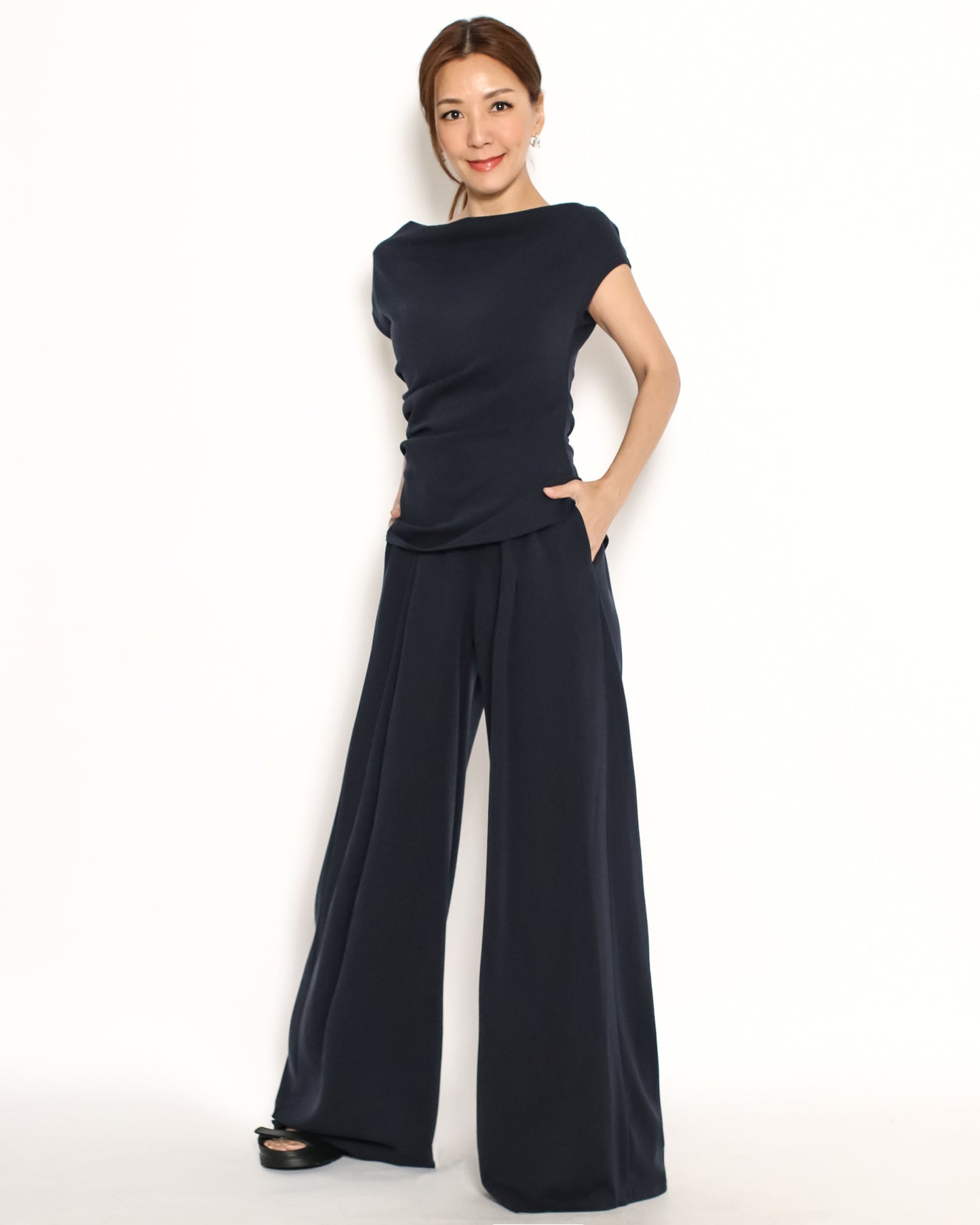 navy one shoulder top w/ wide leg pants set