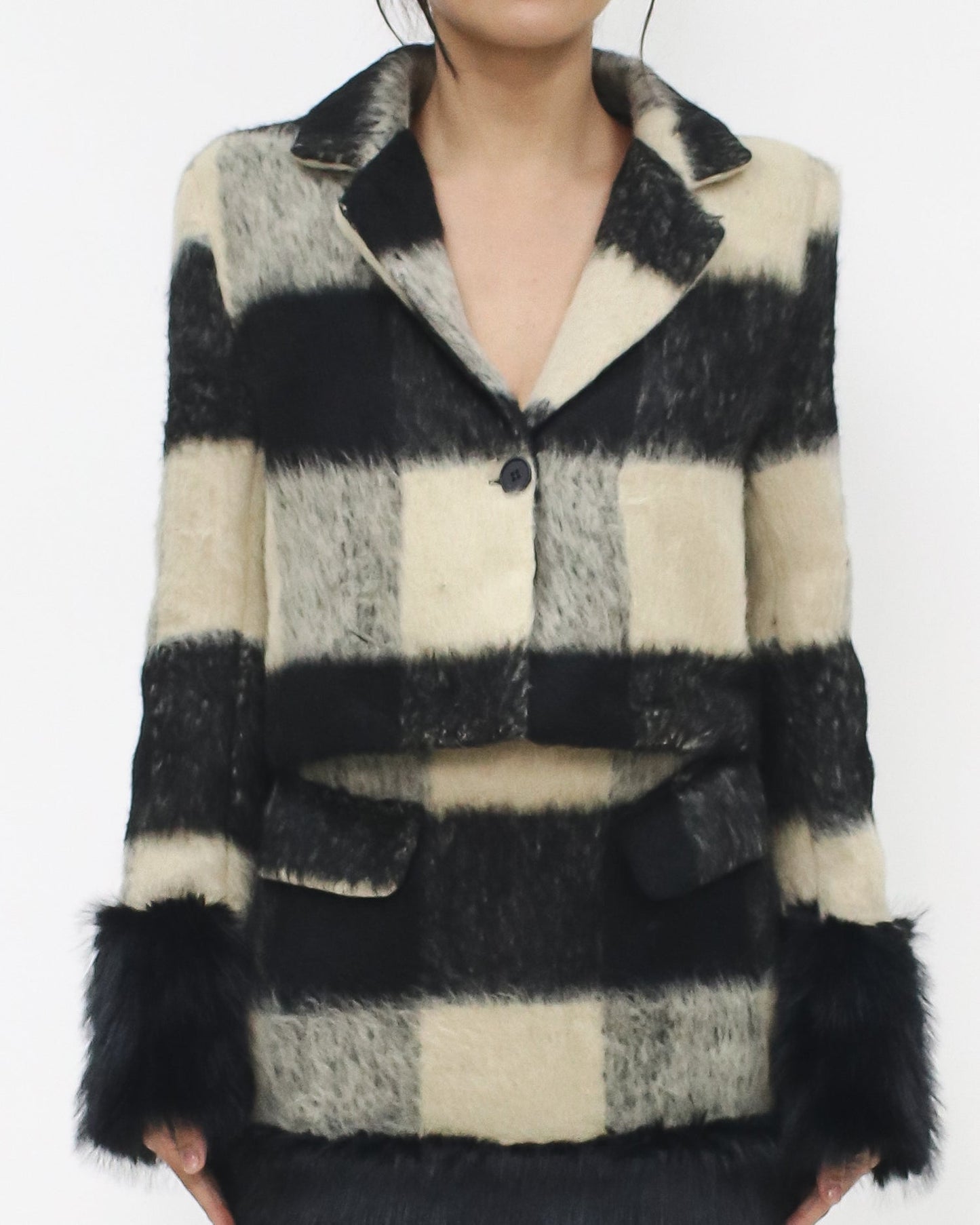 black & ivory checkers furry hem cropped jacket & skirt set - M