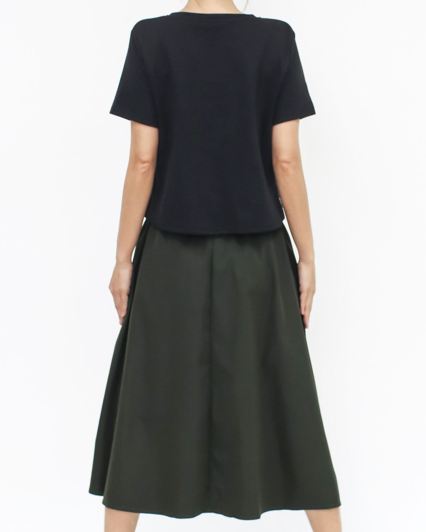 black tee w/ green & denim contrast dress