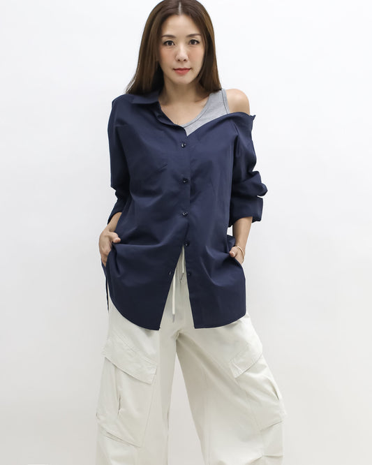 navy & grey vest cutout shoulder shirt