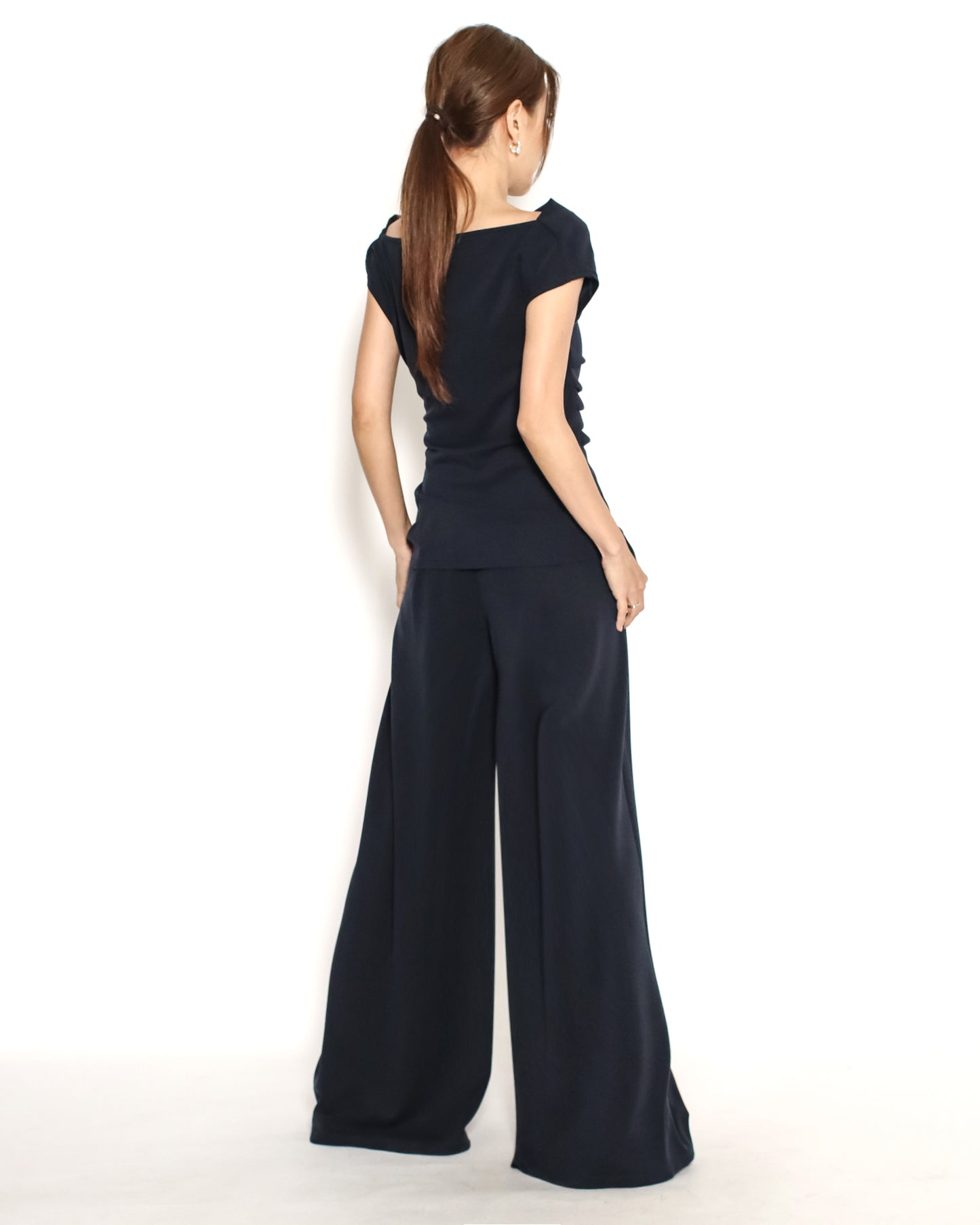 navy one shoulder top w/ wide leg pants set