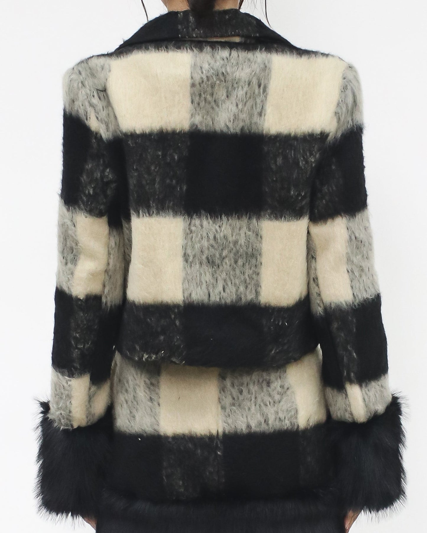 black & ivory checkers furry hem cropped jacket & skirt set - M