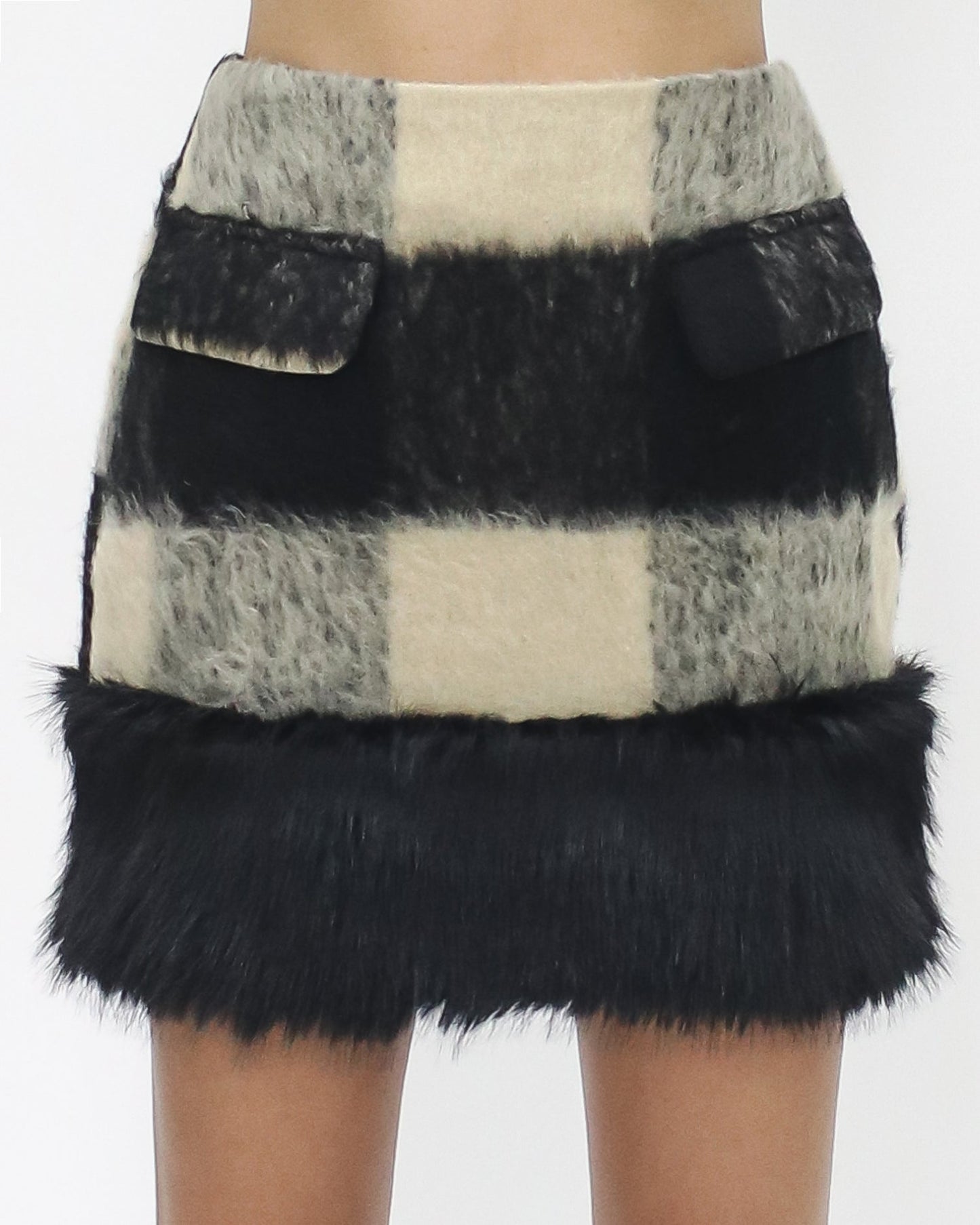 black & ivory checkers furry hem cropped jacket & skirt set - M