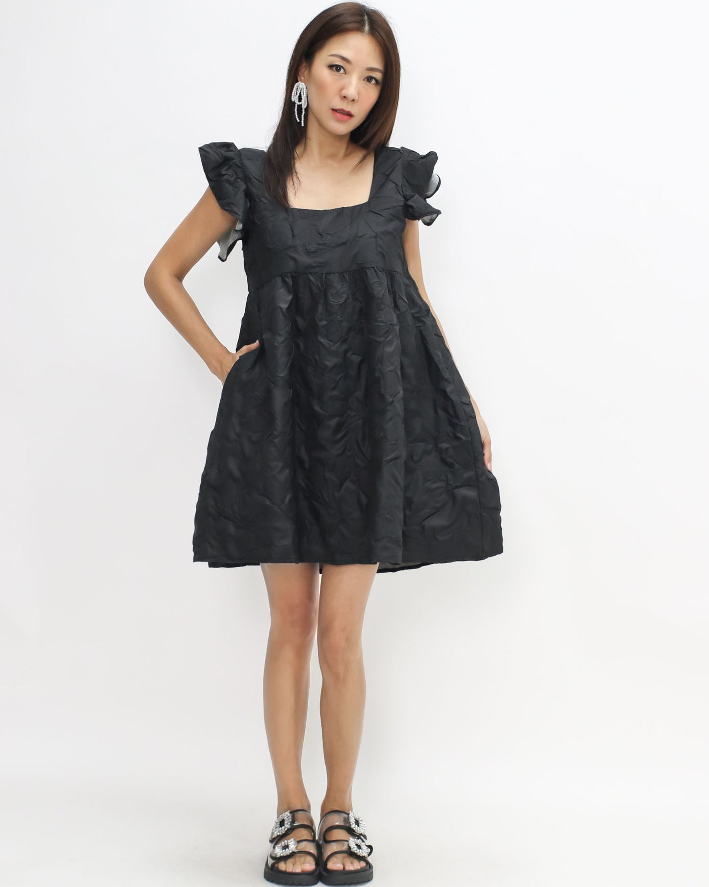 black texture ruffles flare dress