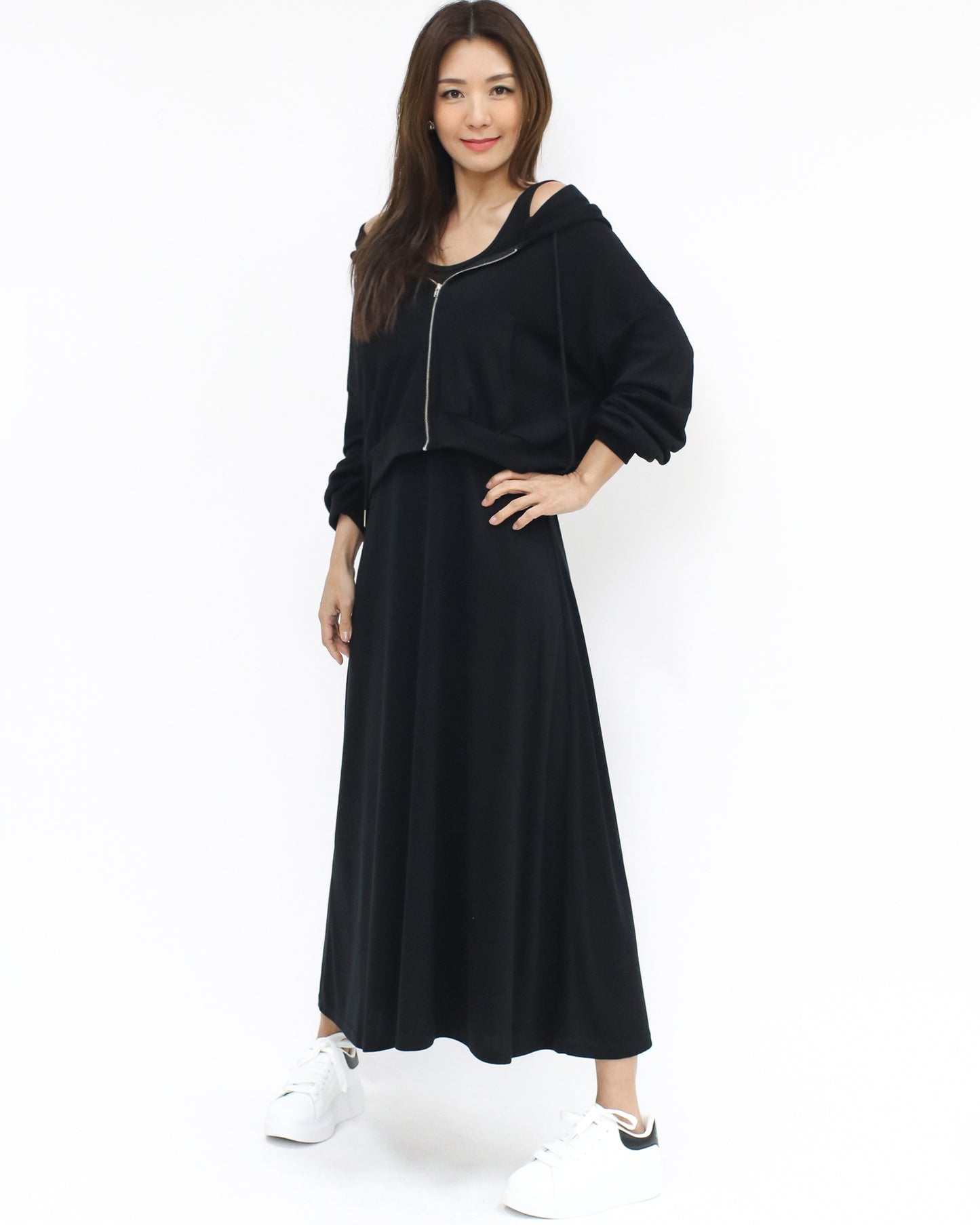 black soft sweat hoodie jacket w/ longline vest dress set