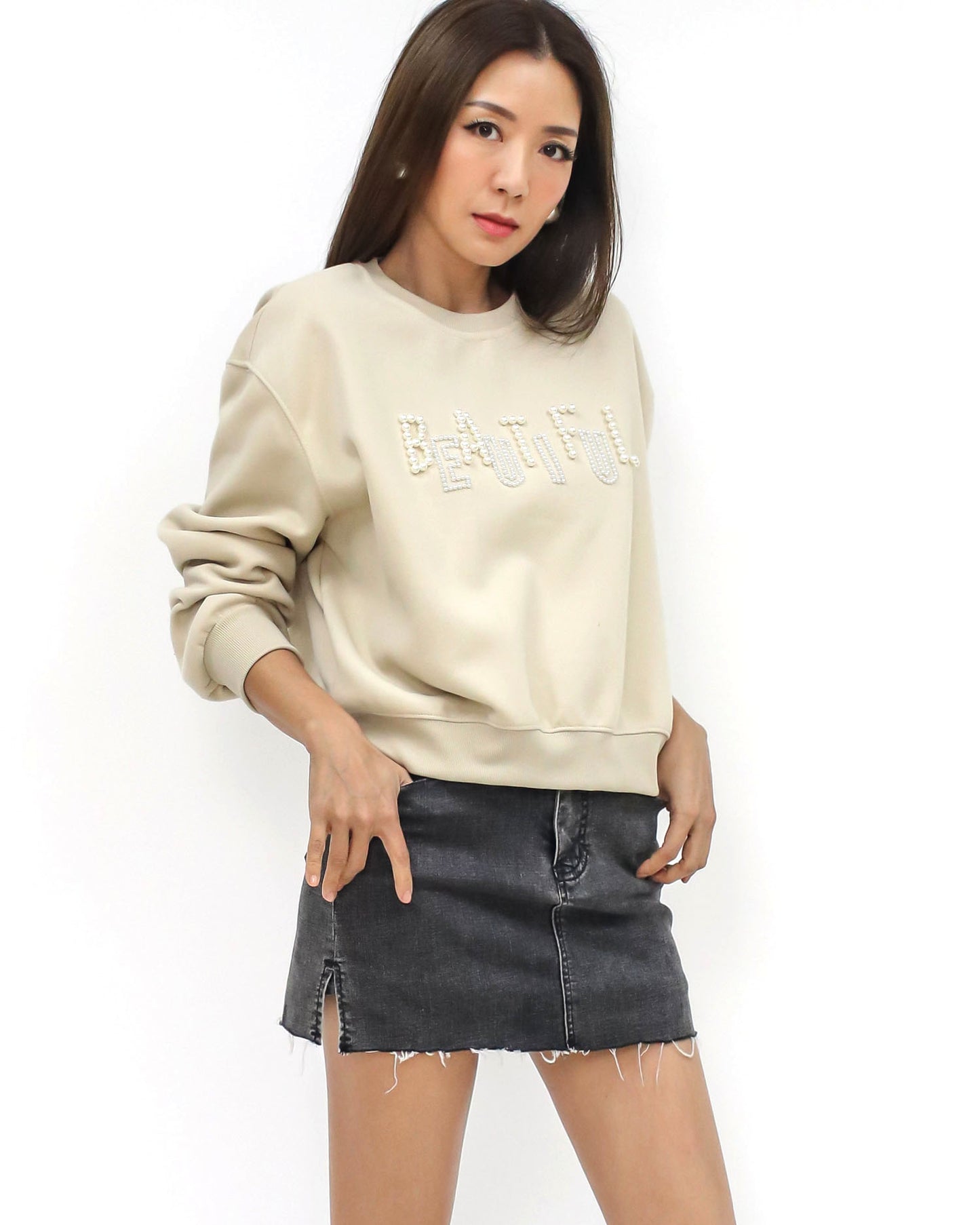 beige pearls BEAUTIFUL soft neoprene sweatshirt