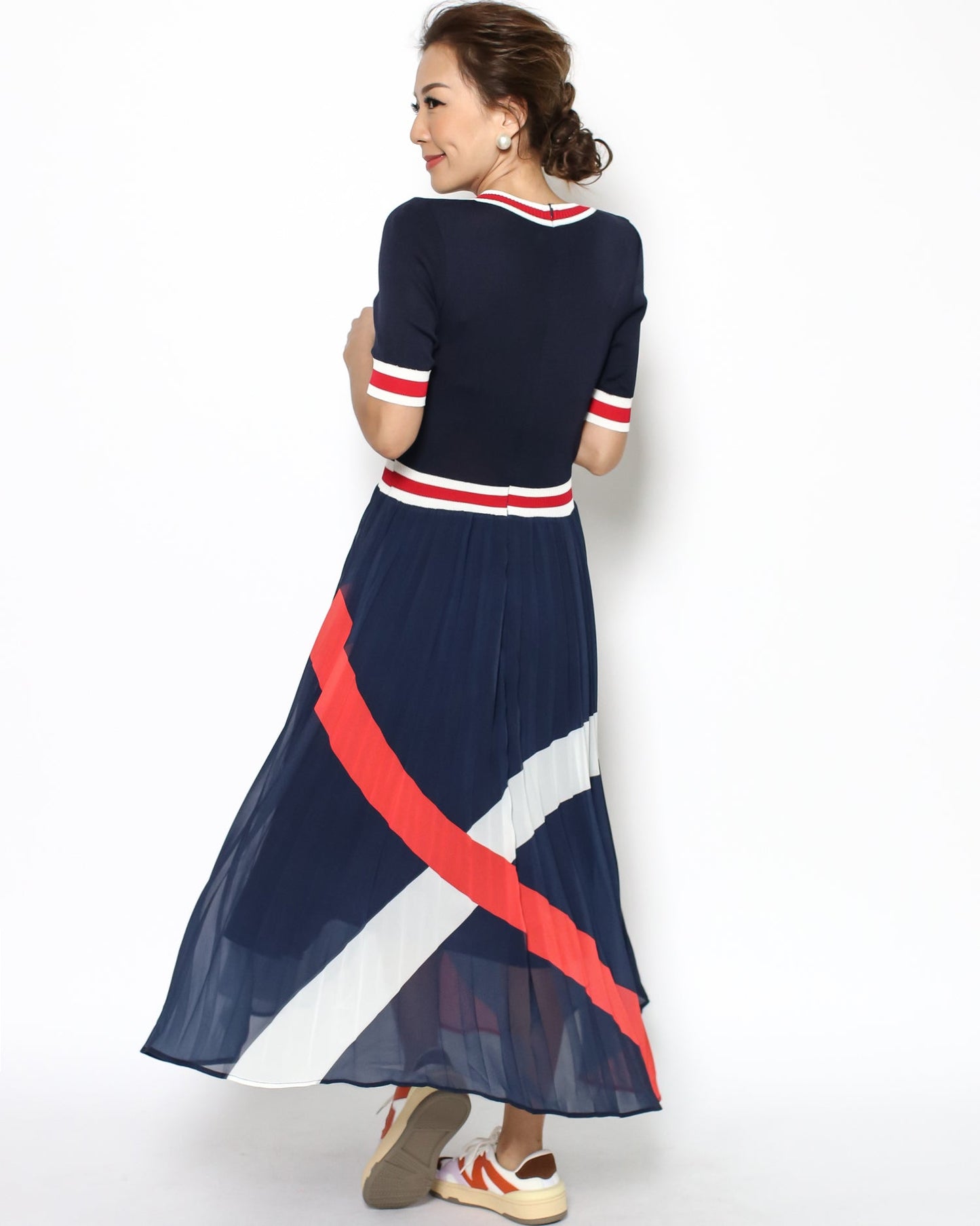 海軍藍細針織和花紋褶襉雪紡連衣裙 *預購*