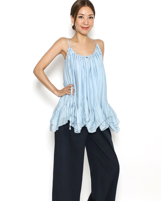 blue ruffles hem texture slinky vest