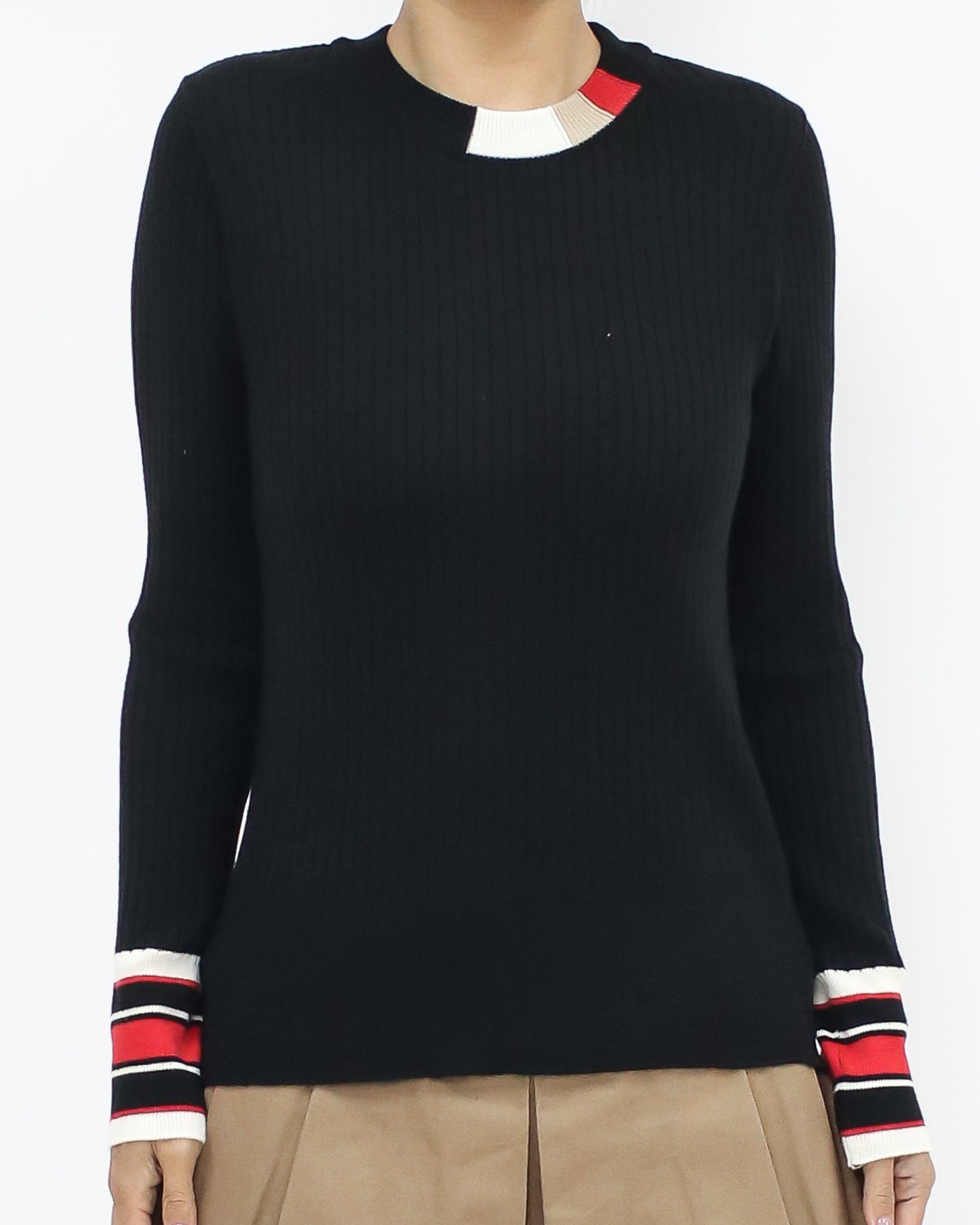 black w/ red & ivory stripes knitted top