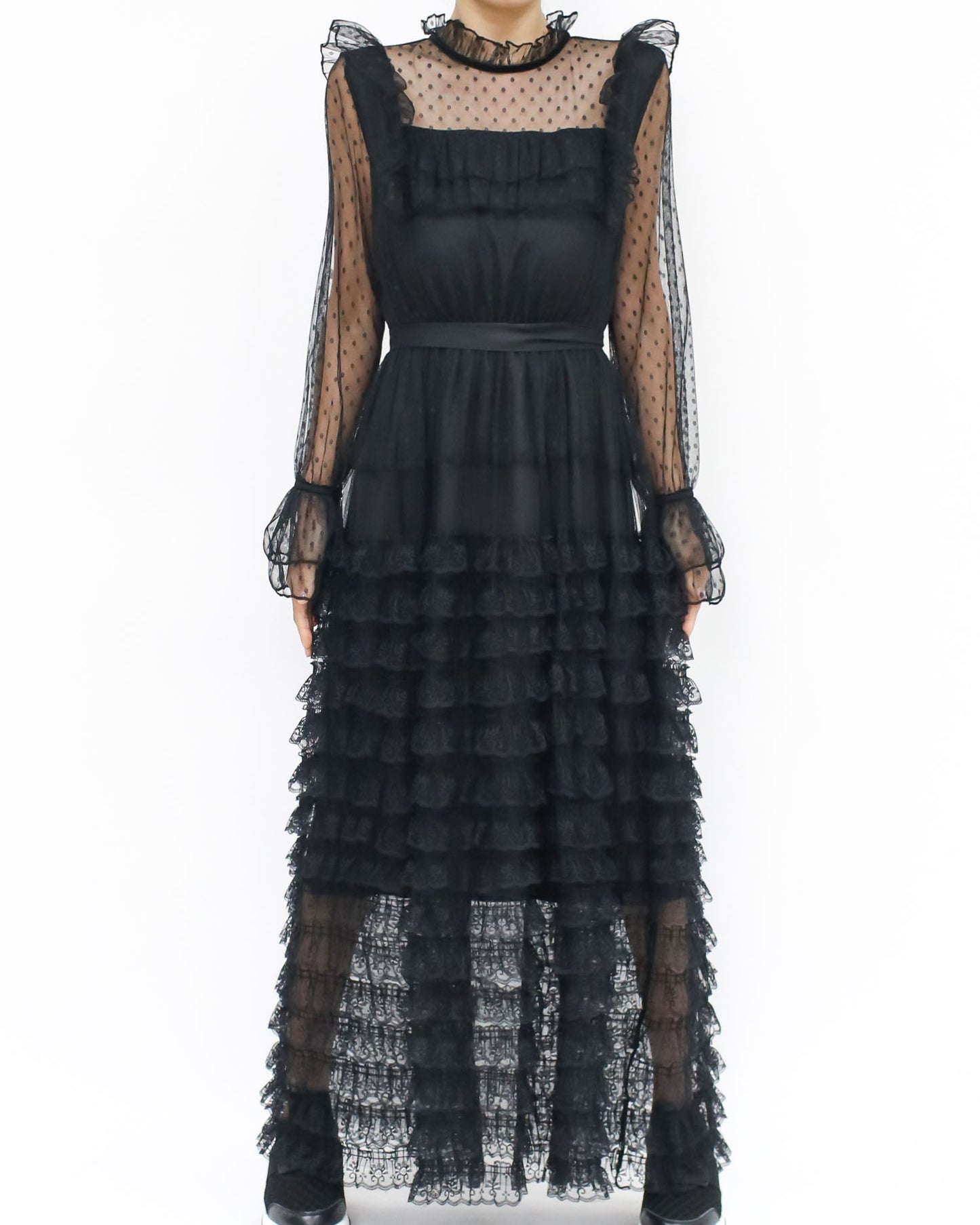 black mesh polka dots longline dress w/ ribbon belt
