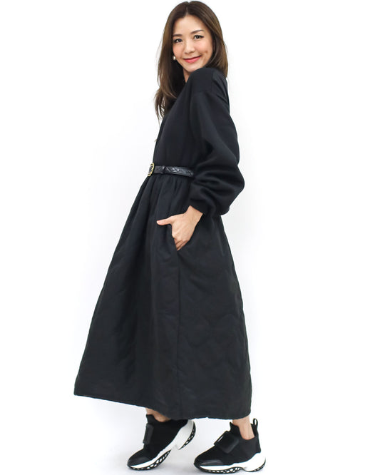 black fleece sweatshirt w/ quilted flare dress