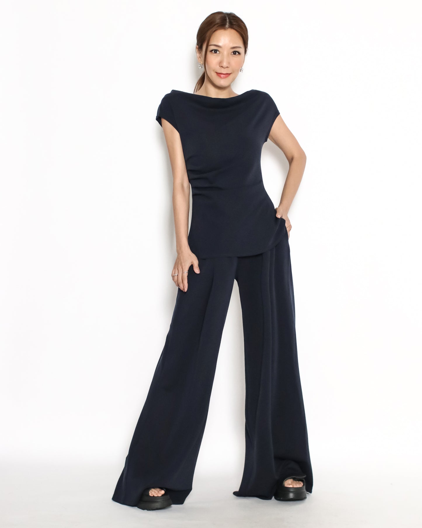 navy one shoulder top w/ wide leg pants set