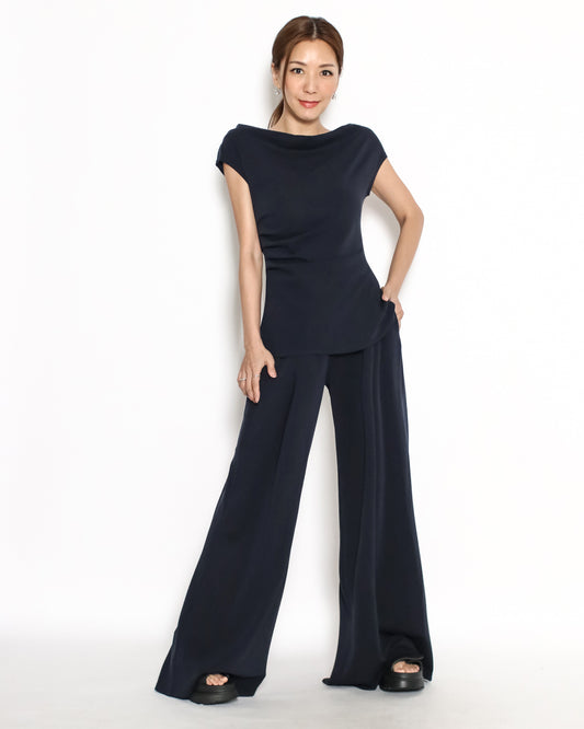 navy one shoulder top w/ wide leg pants set