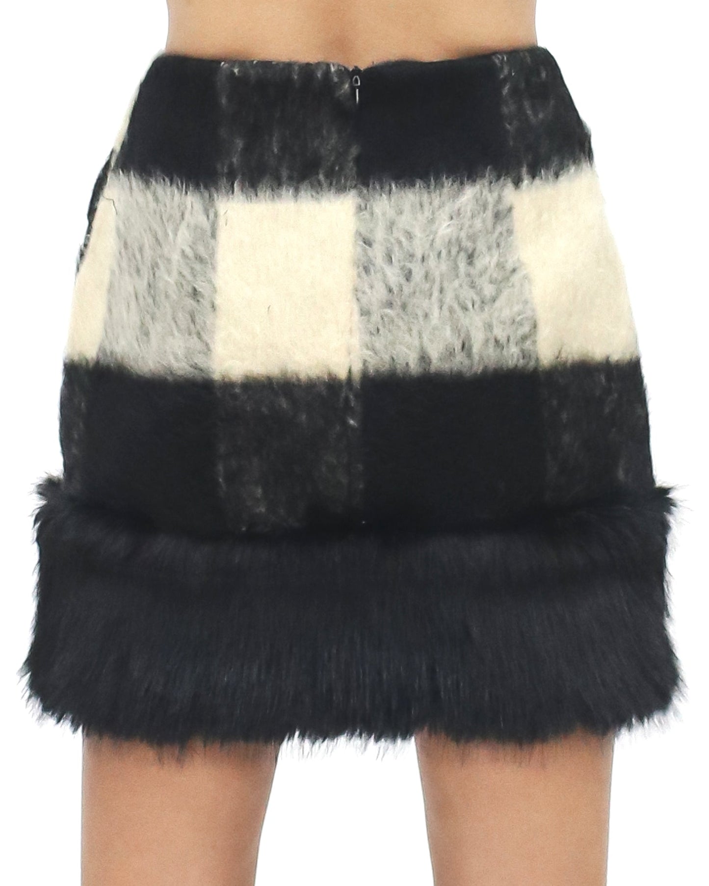 black & ivory checkers furry hem cropped jacket & skirt set - M