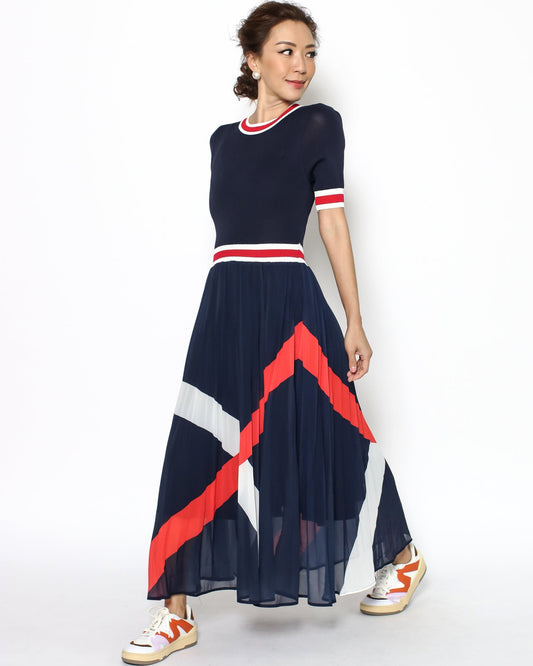 navy fined knitted & pattern pleats chiffon dress *pre-order*