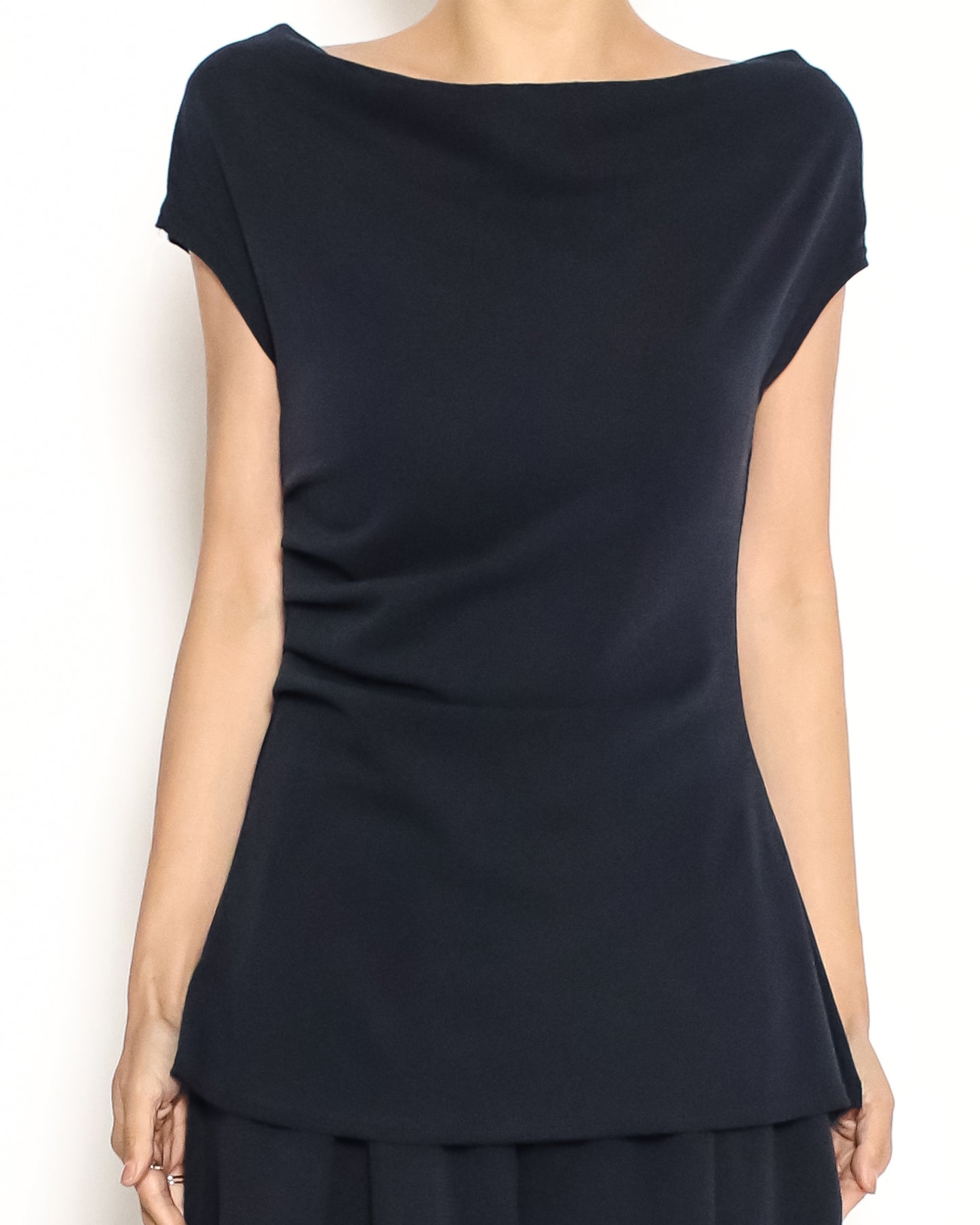 navy one shoulder top w/ wide leg pants set