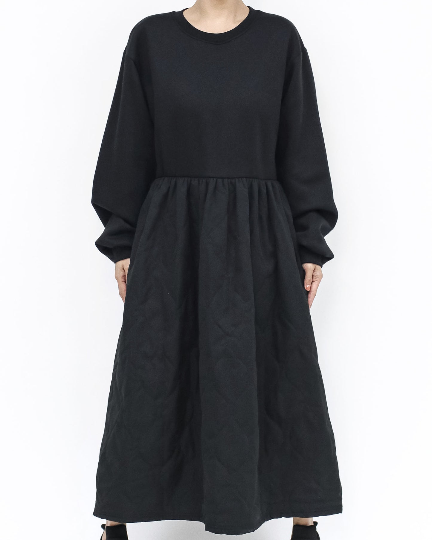 black fleece sweatshirt w/ quilted flare dress