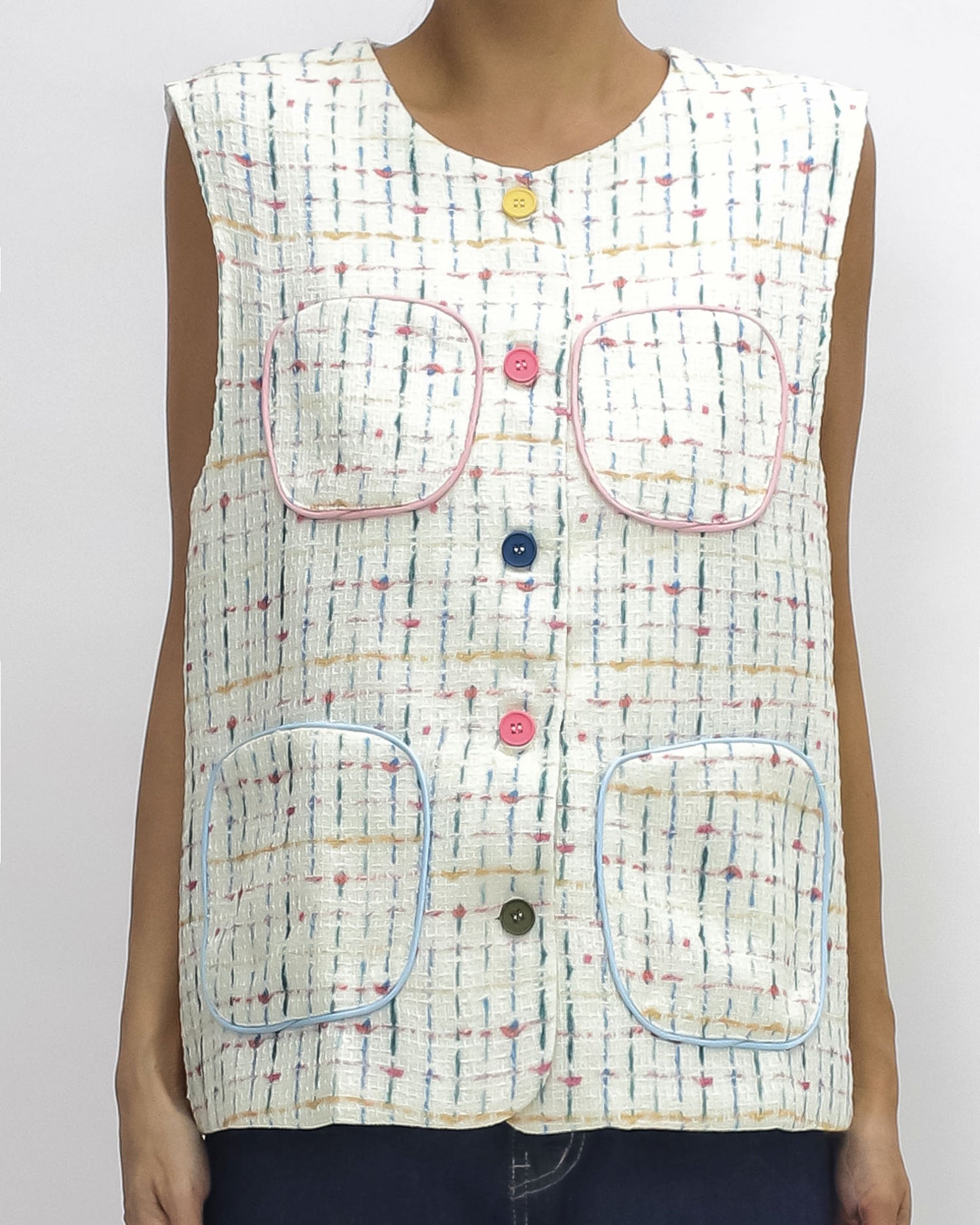 ivory colourful tweed vest jacket