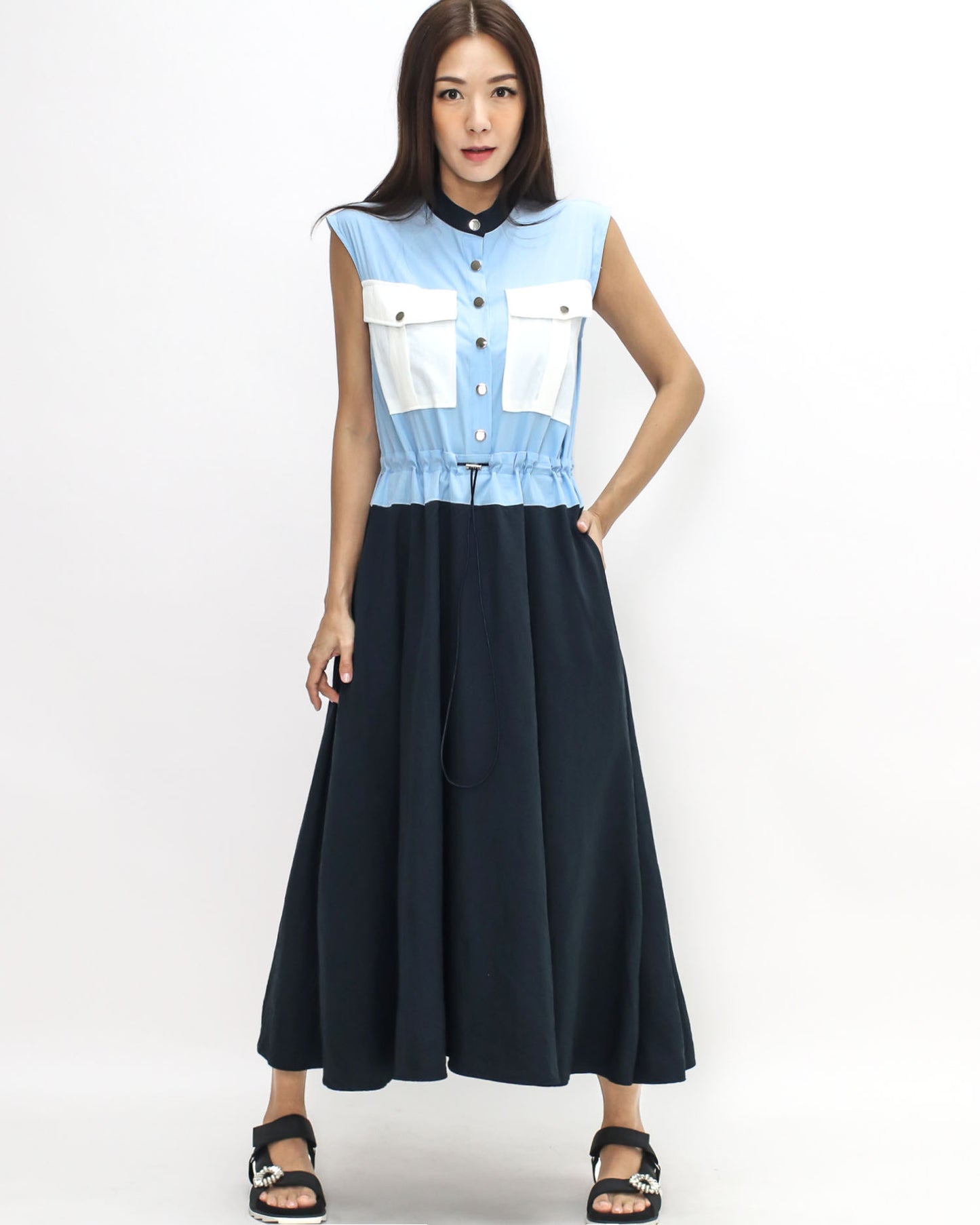 blue w/ ivory pockets & navy flare tech dress