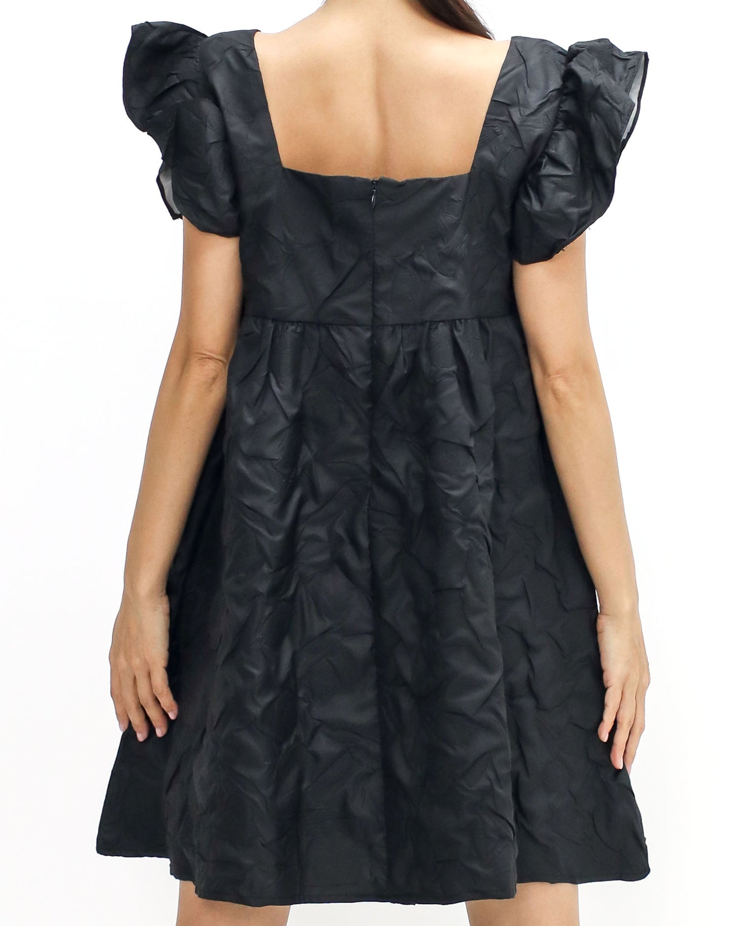 black texture ruffles flare dress