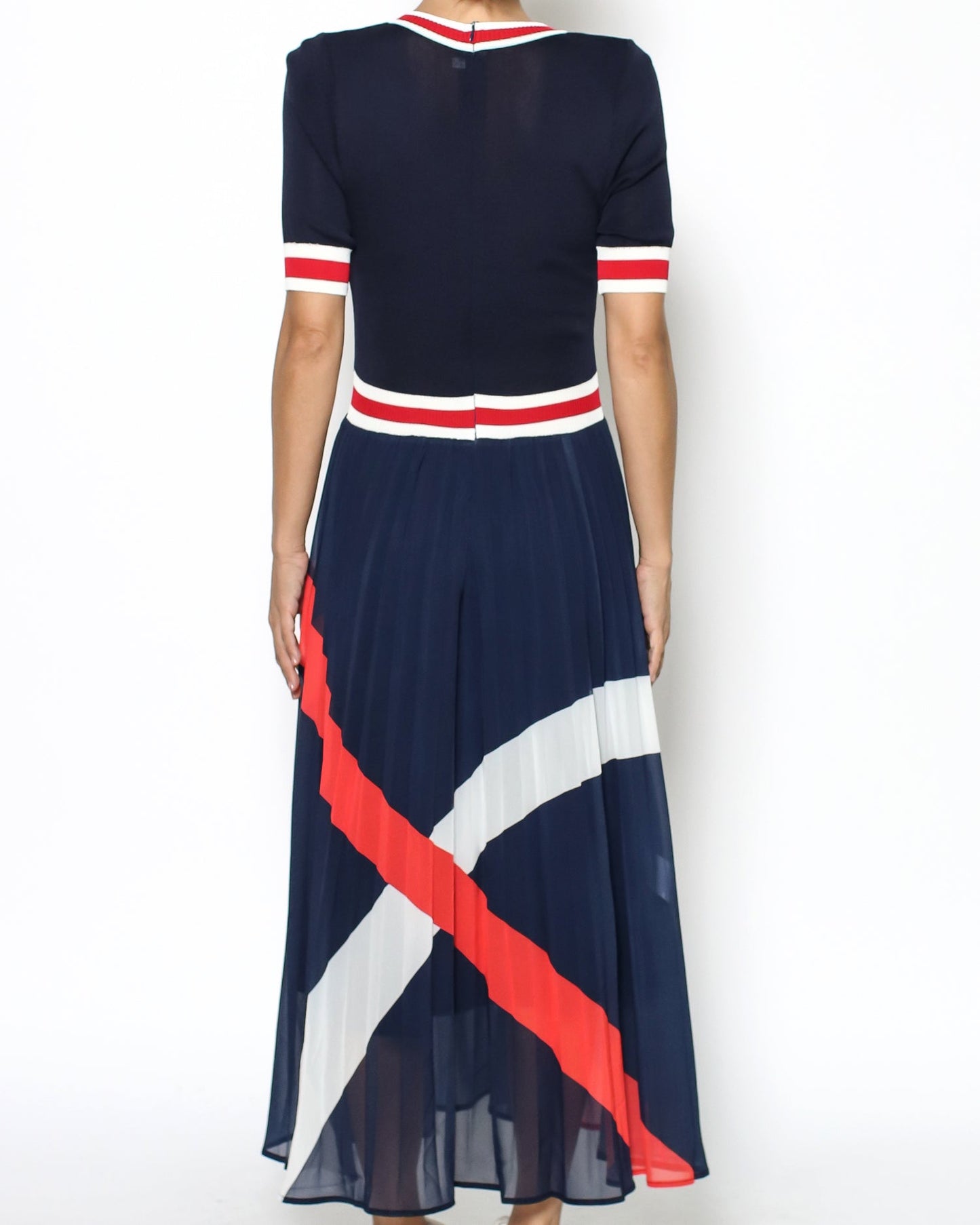 navy fined knitted & pattern pleats chiffon dress *pre-order*