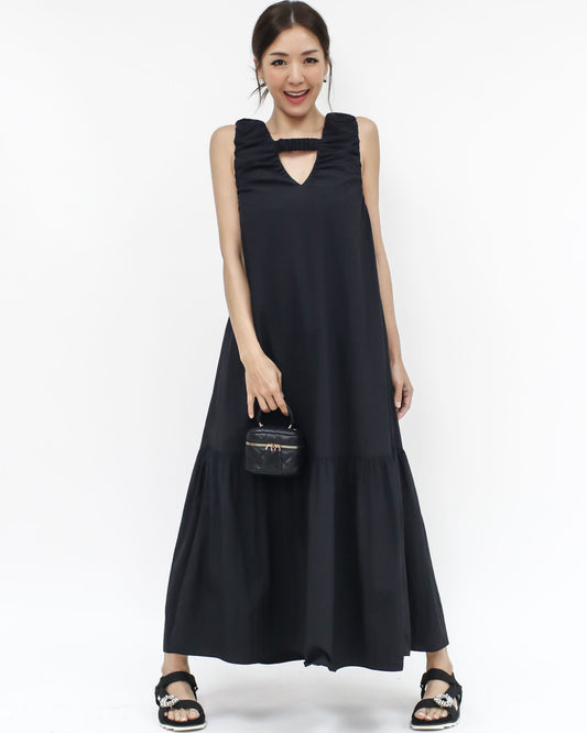 black strappy texture flare longline dress