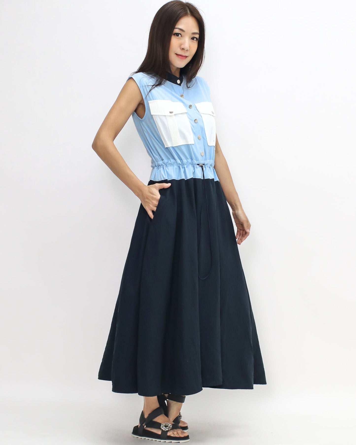 blue w/ ivory pockets & navy flare tech dress