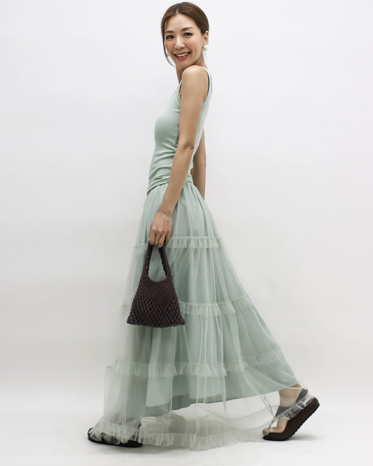 mint green vest & mesh longline skirt set