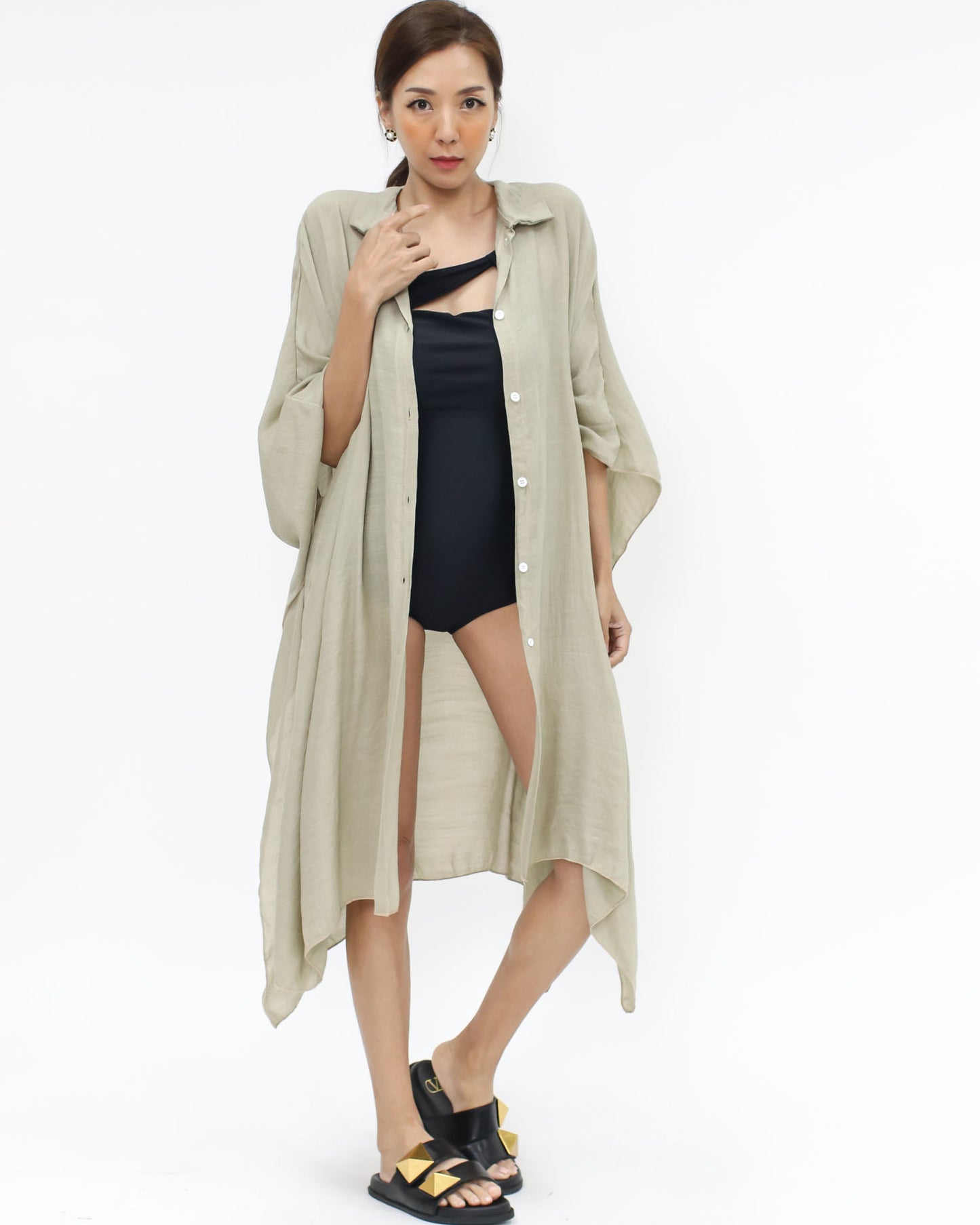 beige slinky asymmetric cover-up shirt *pre-order*