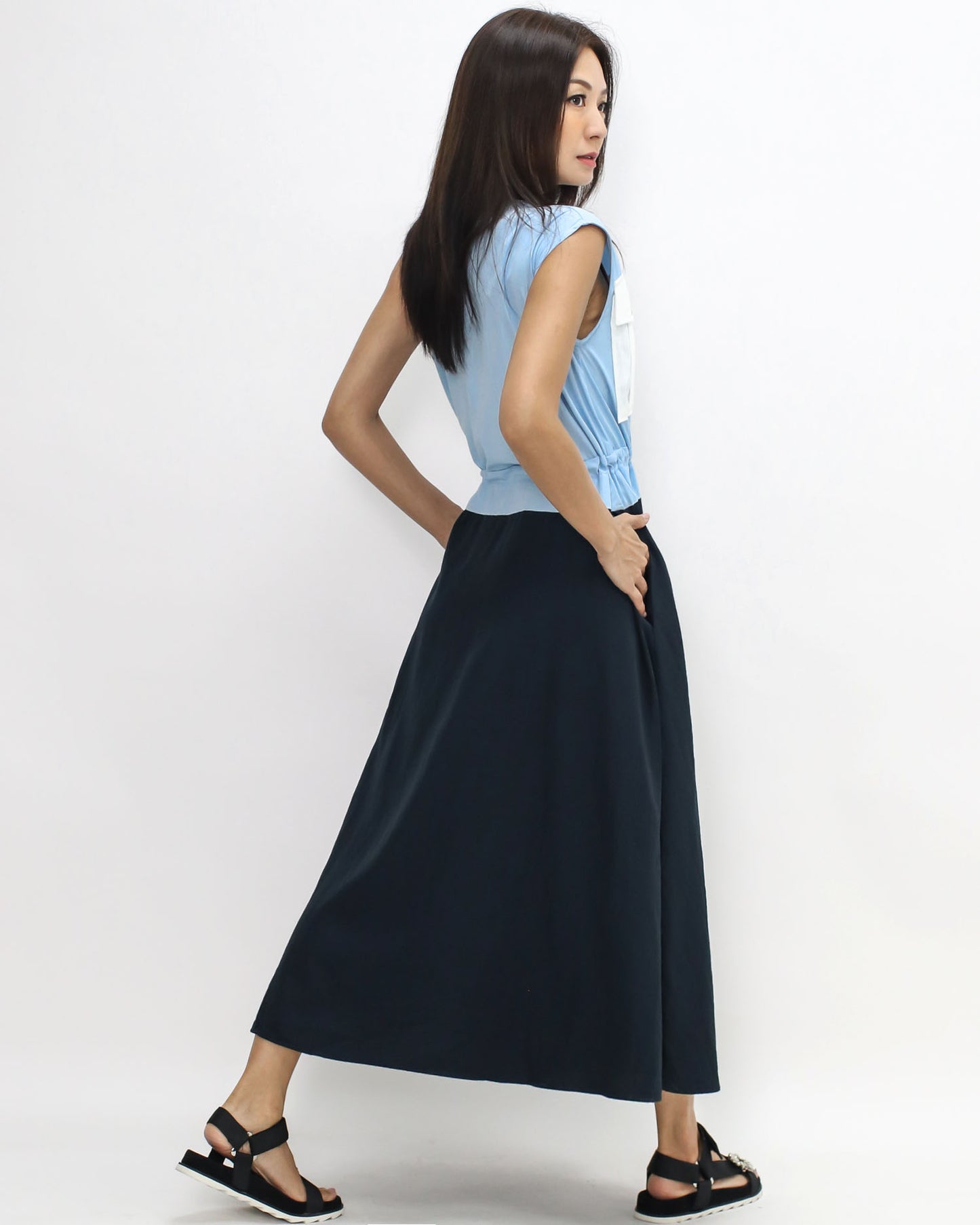 blue w/ ivory pockets & navy flare tech dress