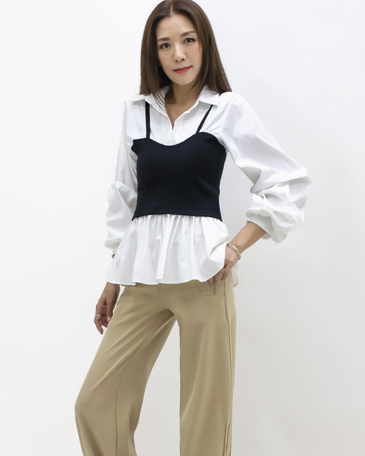 ivory w/ black knitted vest ruched sleeve shirt