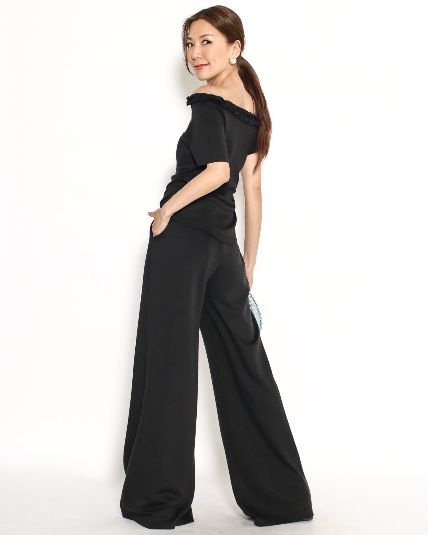 black ruffles neckline off shoulder top & wide leg pant set