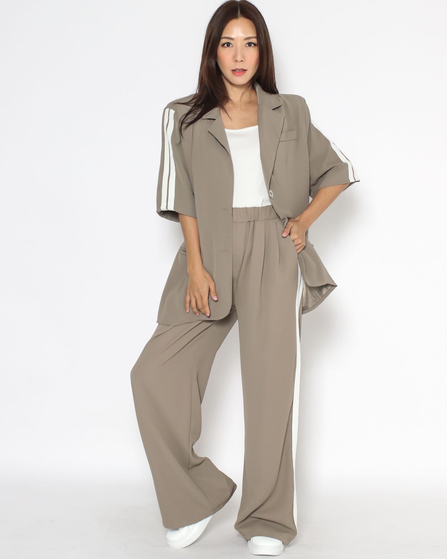 beige & ivory stripes chiffon jacket & straight pants set