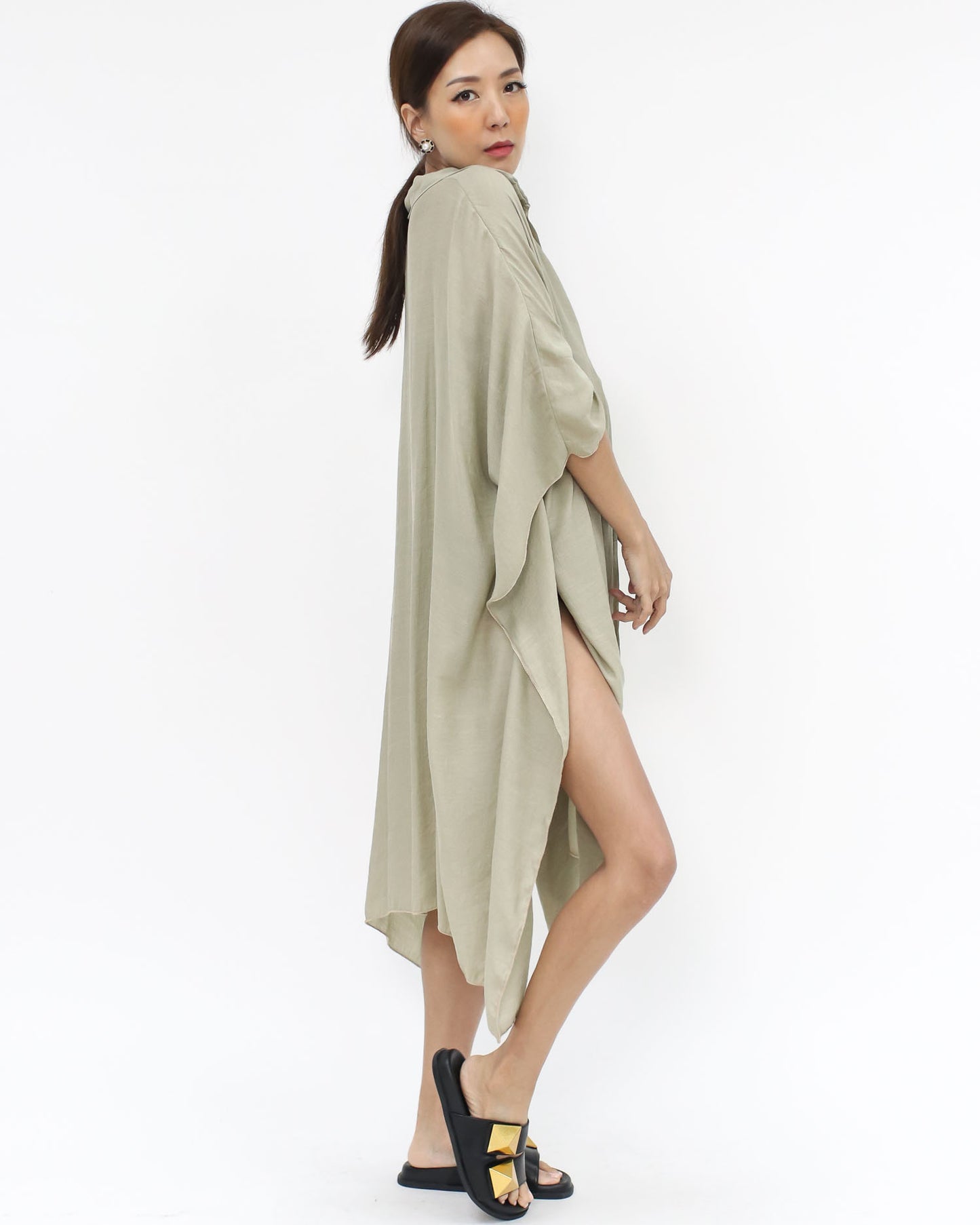 beige slinky asymmetric cover-up shirt *pre-order*