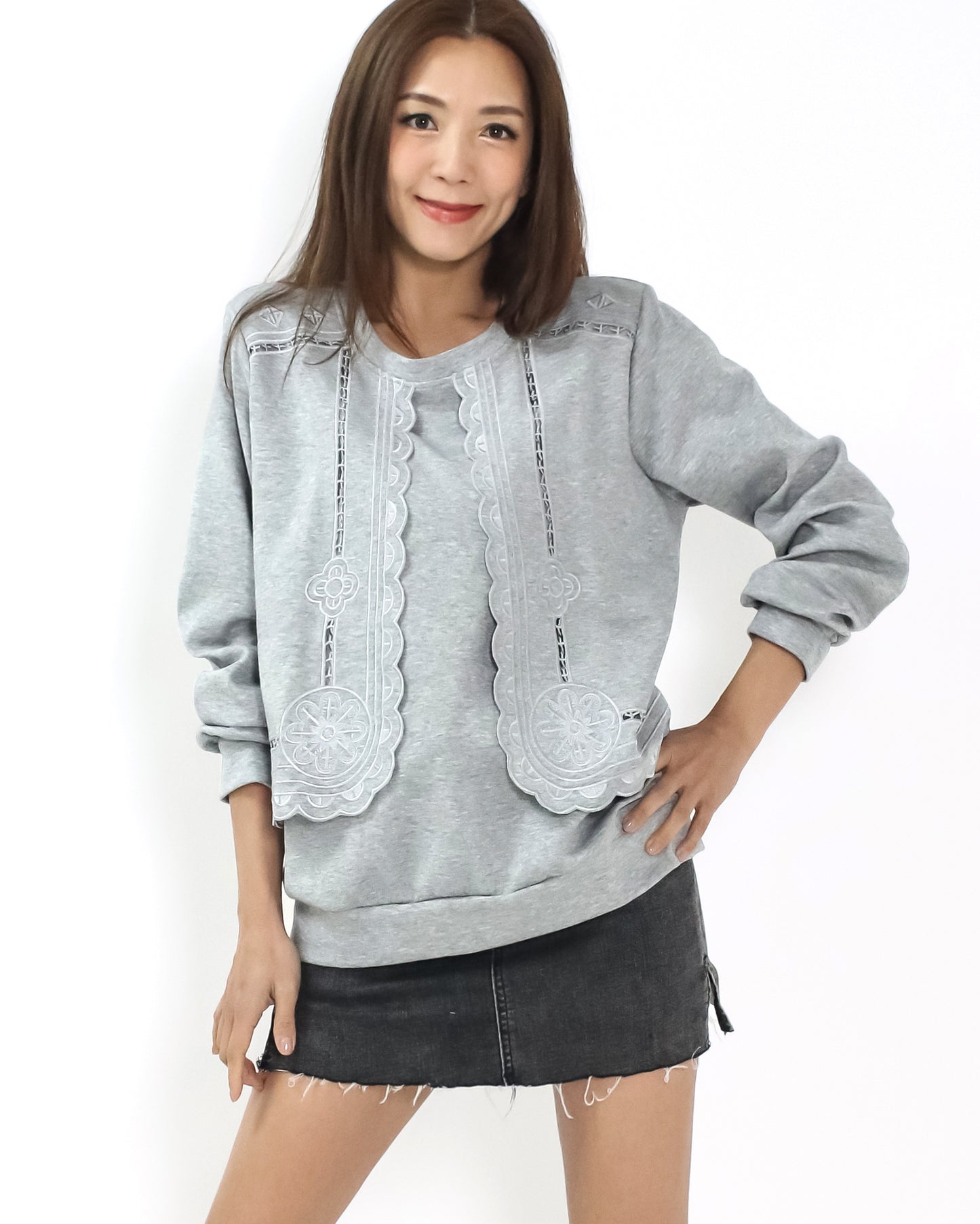 grey crochet front sweatshirt *pre-order*