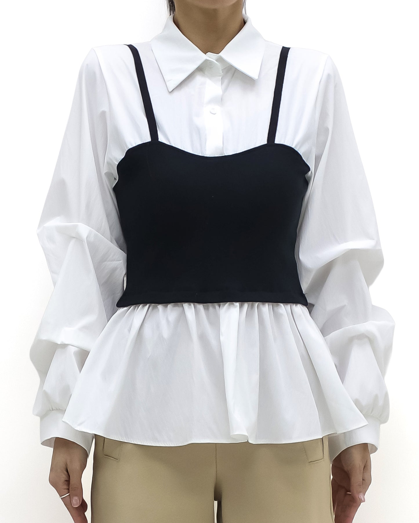 ivory w/ black knitted vest ruched sleeve shirt