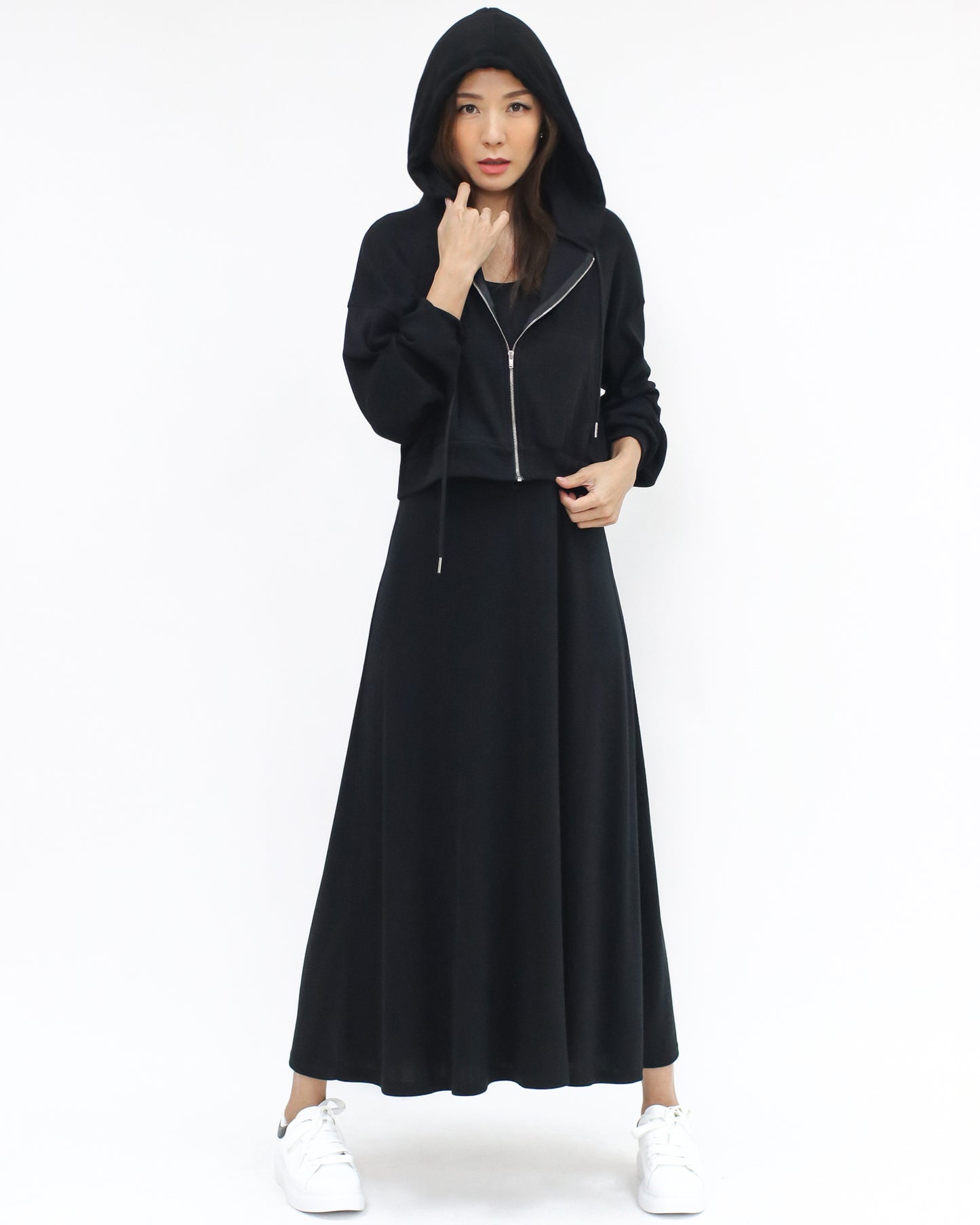 black soft sweat hoodie jacket w/ longline vest dress set *pre-order*