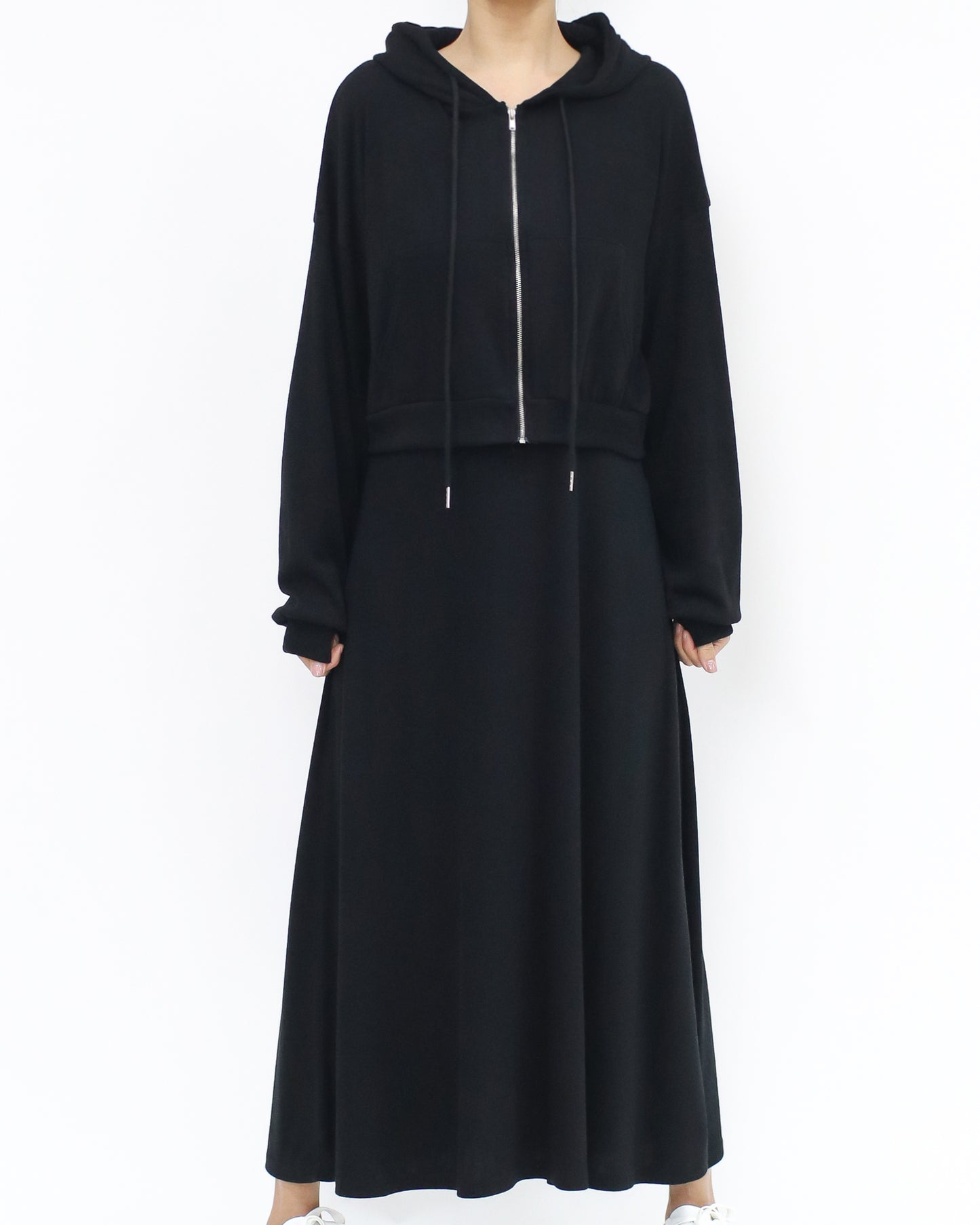 black soft sweat hoodie jacket w/ longline vest dress set