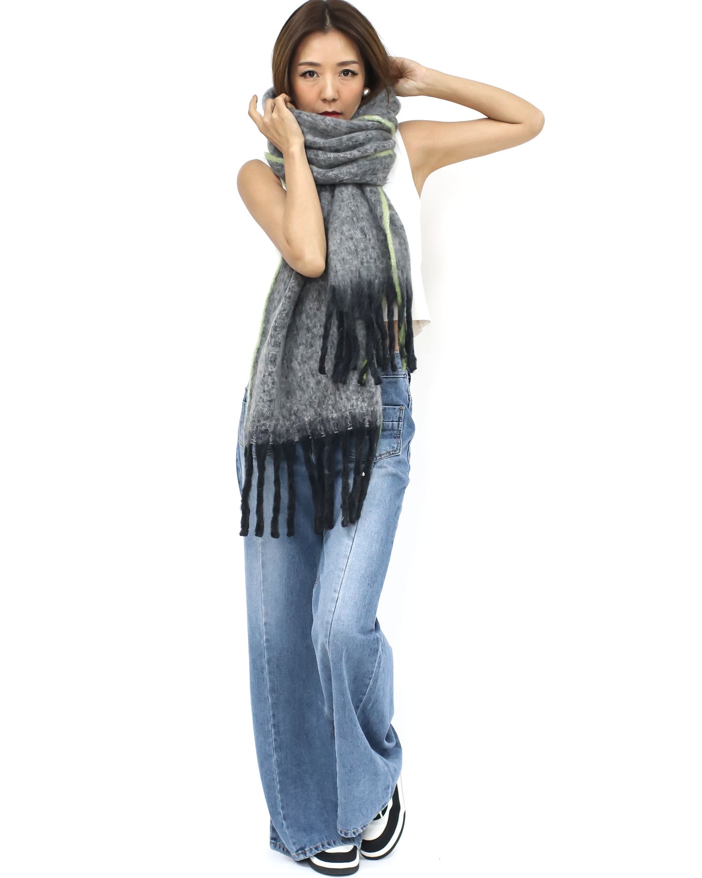 grey & yellow trim wool blended tassels scarf *pre-order*