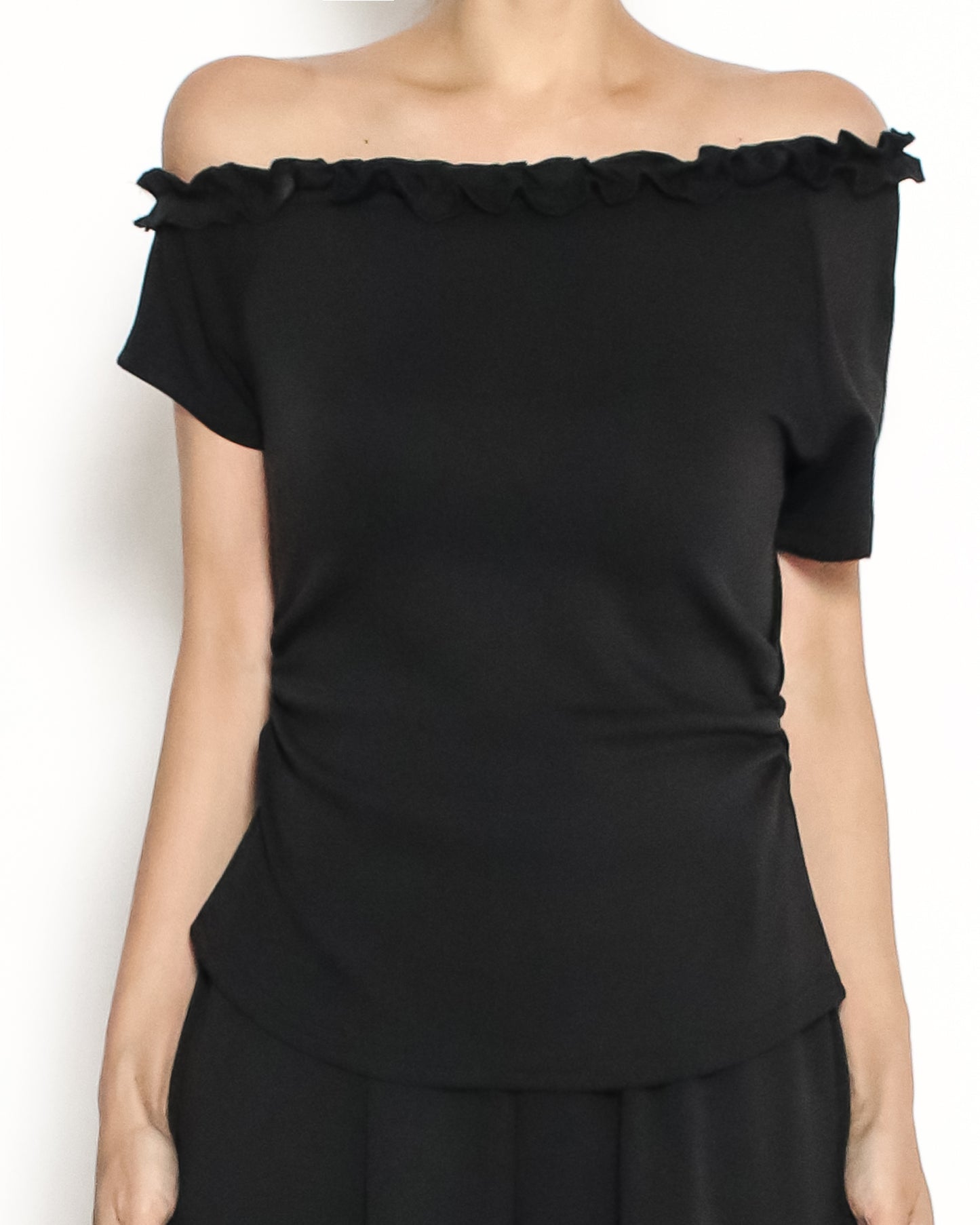 black ruffles neckline off shoulder top & wide leg pant set