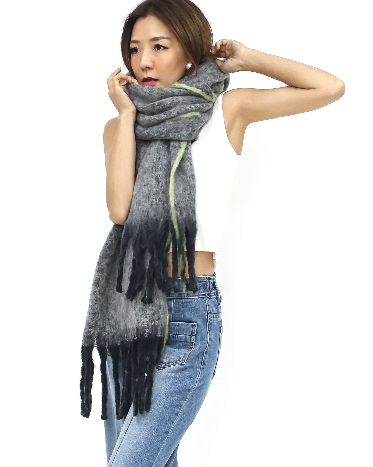 grey & yellow trim wool blended tassels scarf *pre-order*