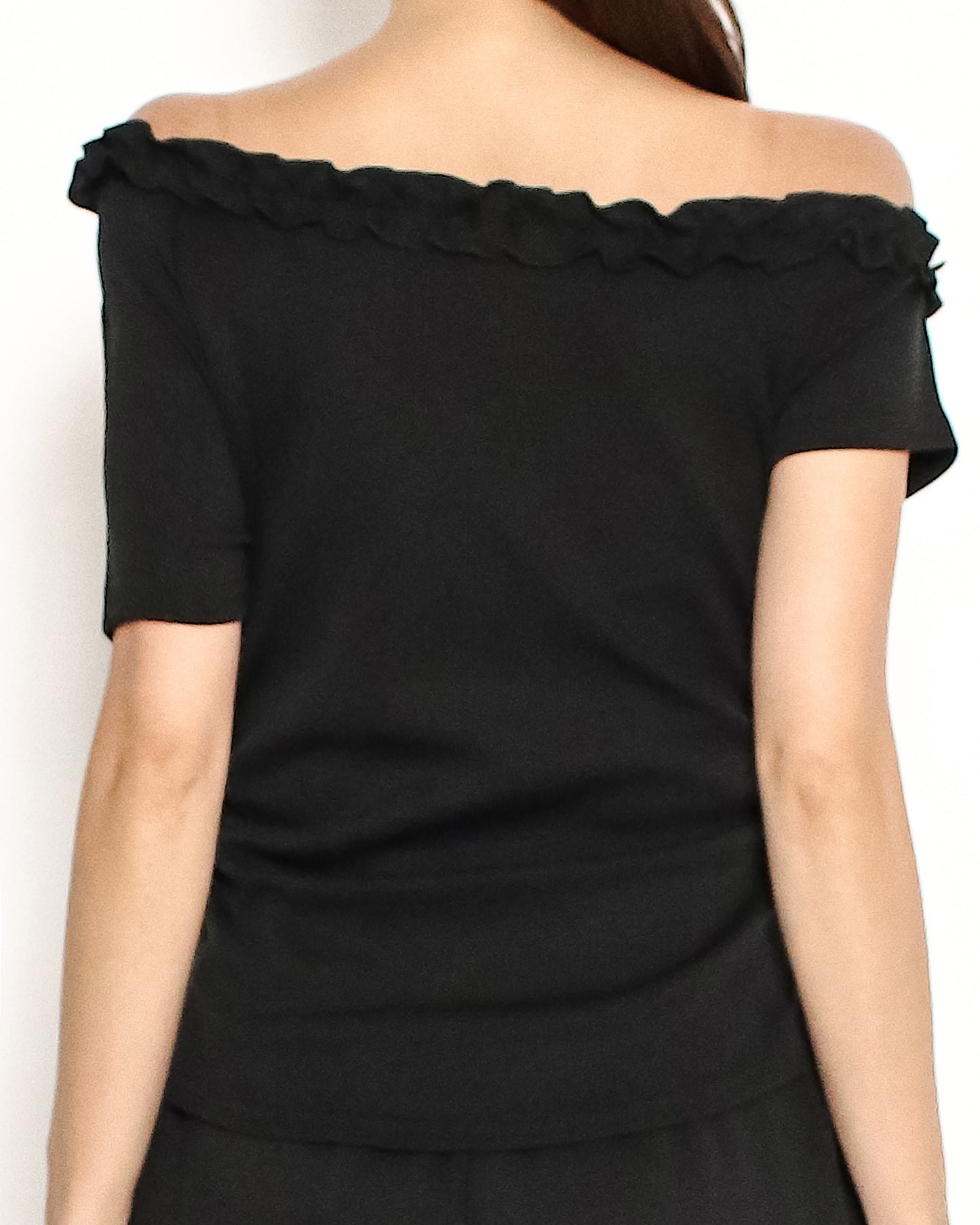 black ruffles neckline off shoulder top & wide leg pant set