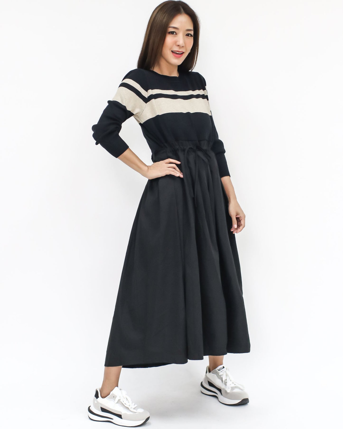 black & ivory stripes knitted w/ shirt flare dress