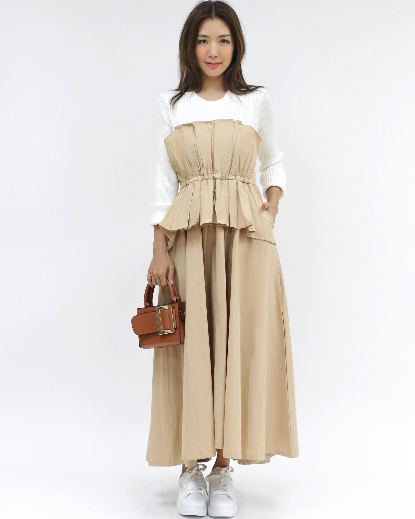 ivory knitted w/ beige shirt longline dress