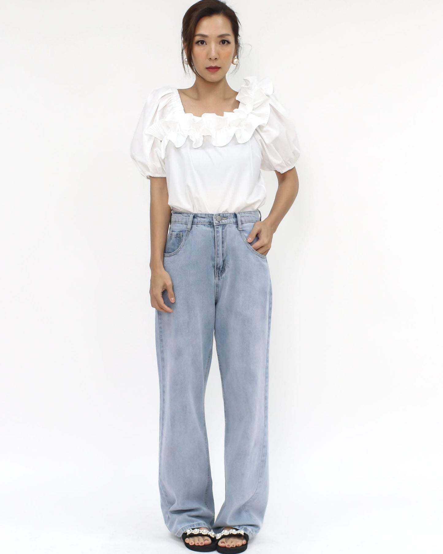 ivory pleats ruffles off shoulders shirt top *pre-order*