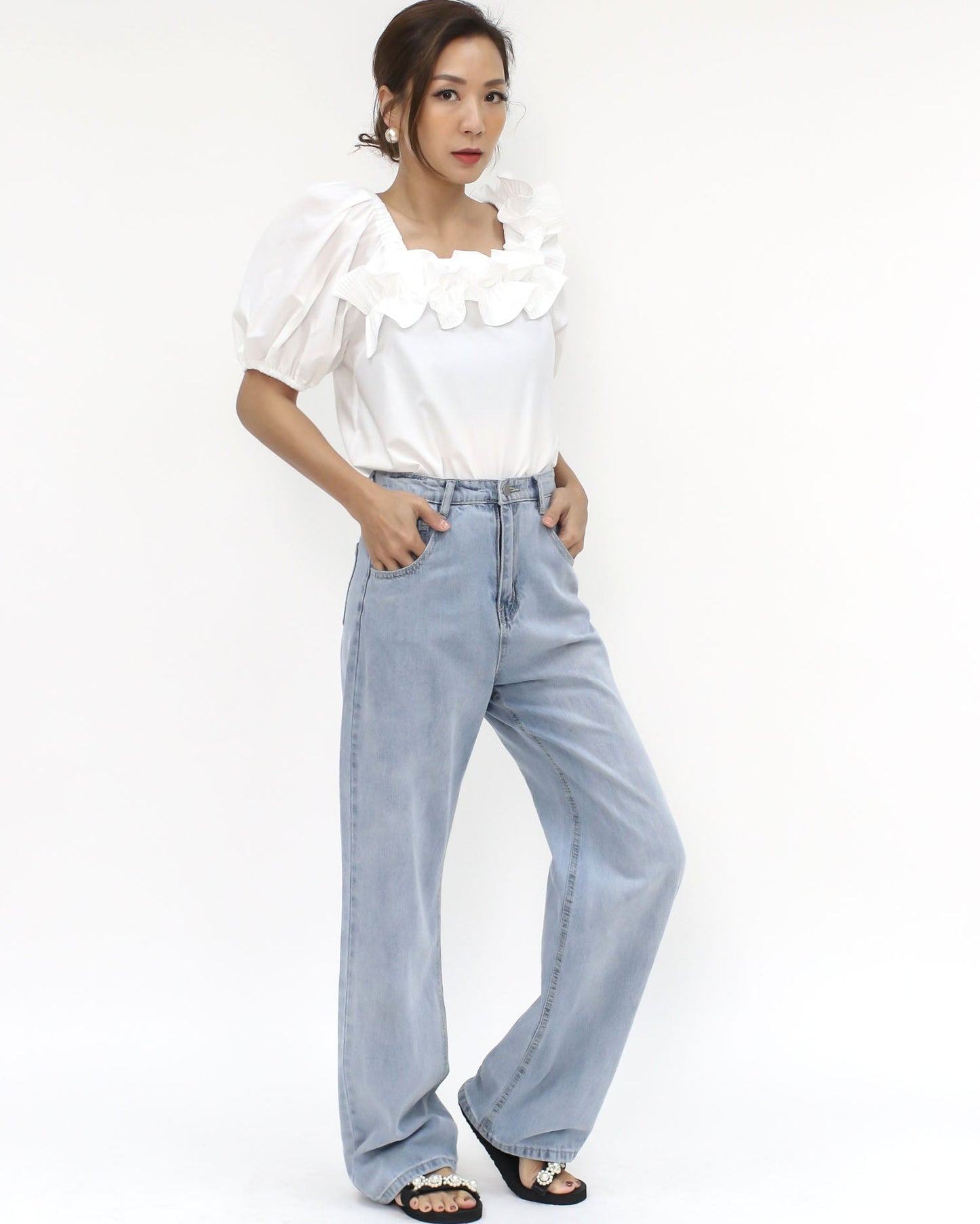 ivory pleats ruffles off shoulders shirt top *pre-order*