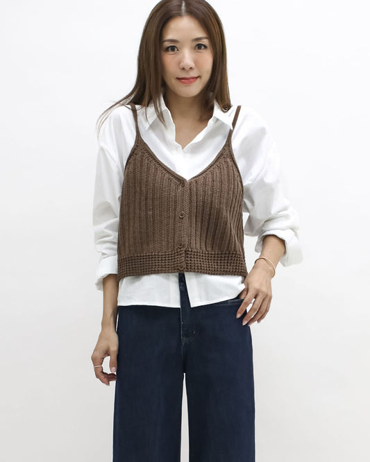 ivory shirt w/ brown knitted slip set