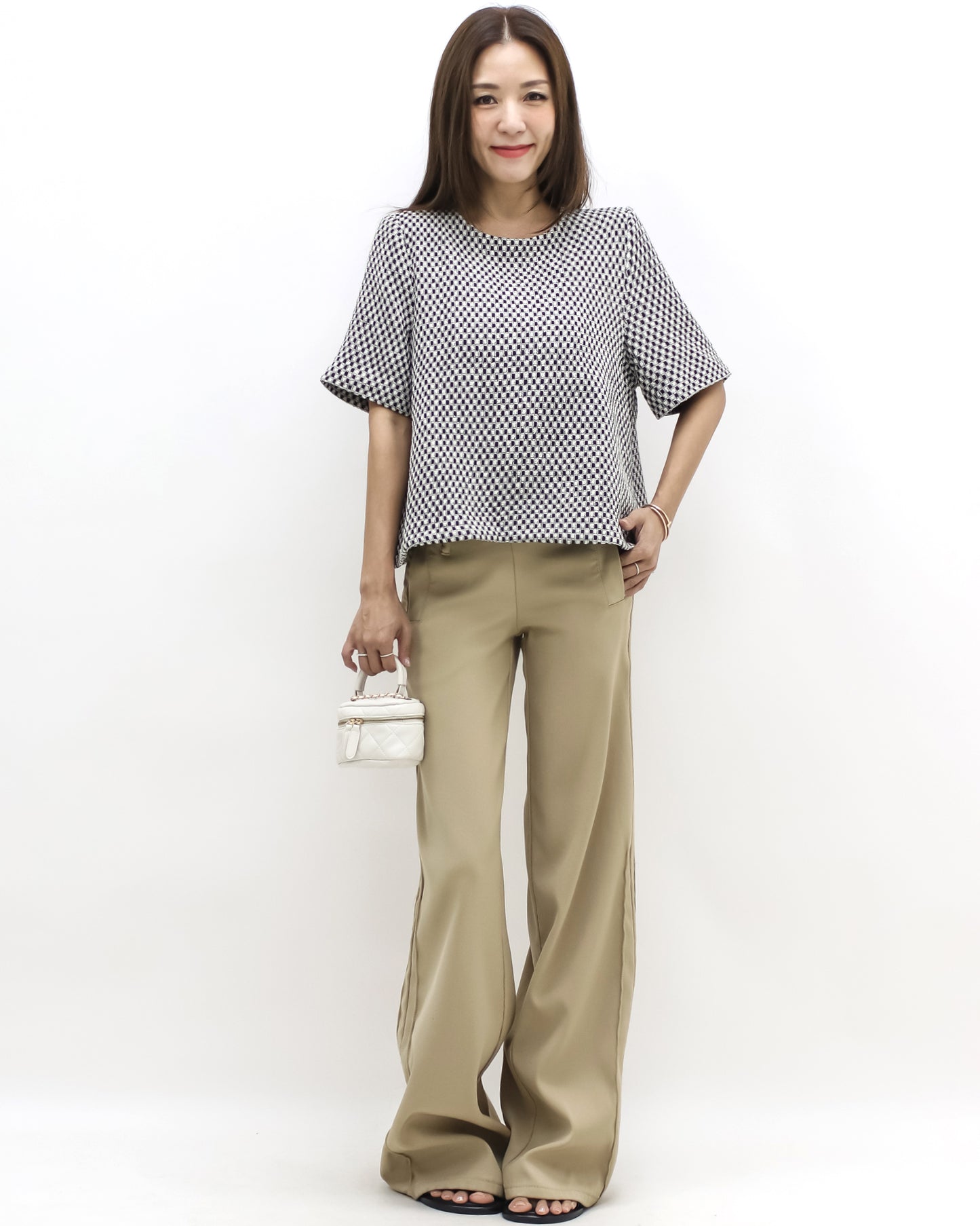 black & ivory tweed flare top